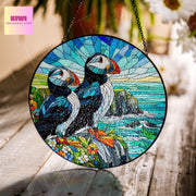 Puffin couple on cliff Landscape GLASS Suncatcher Hanging, Ireland Wall Art, Window Hanging, Indoor Decor, puffin lover, anniversary gift