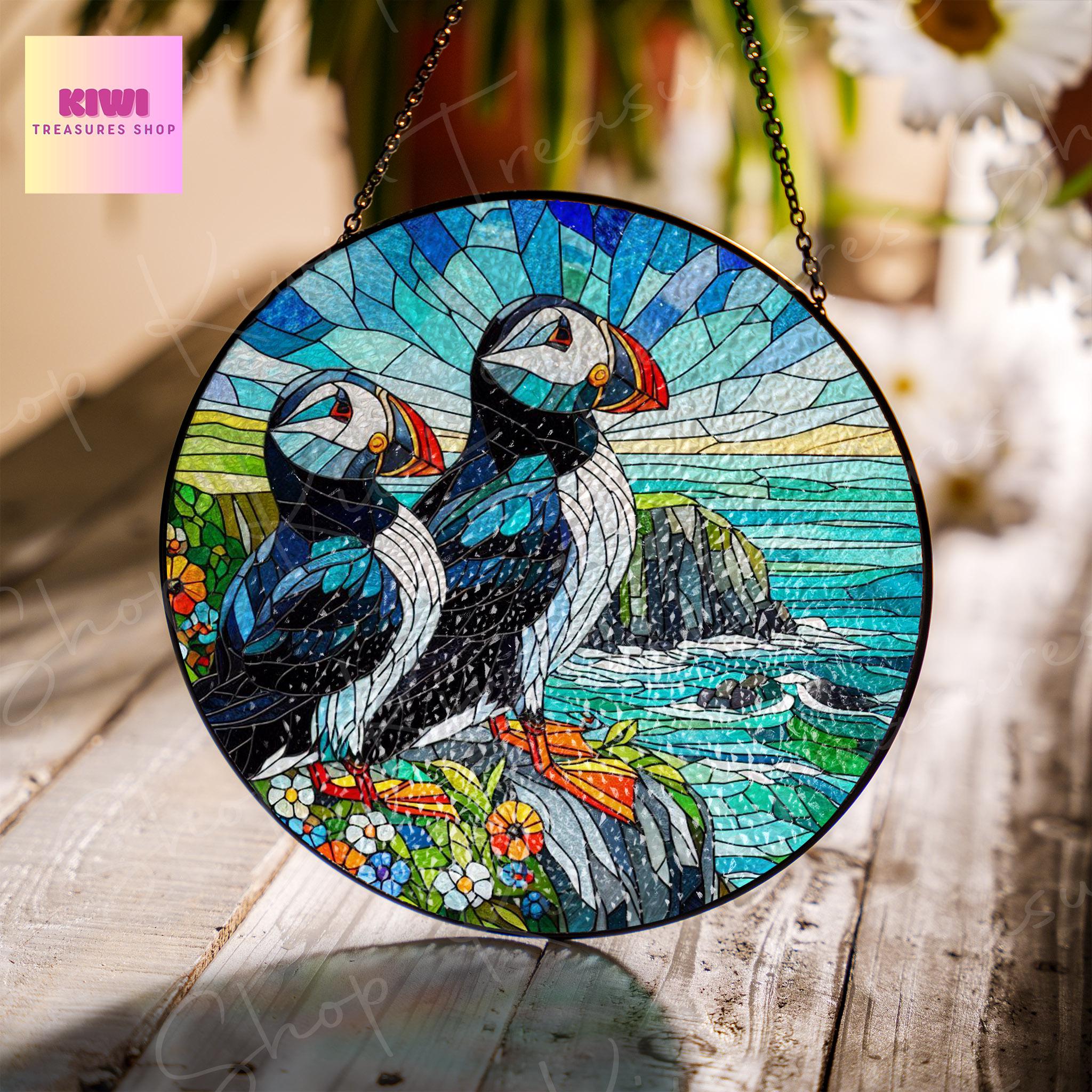 Puffin couple on cliff Landscape GLASS Suncatcher Hanging, Ireland Wall Art, Window Hanging, Indoor Decor, puffin lover, anniversary gift