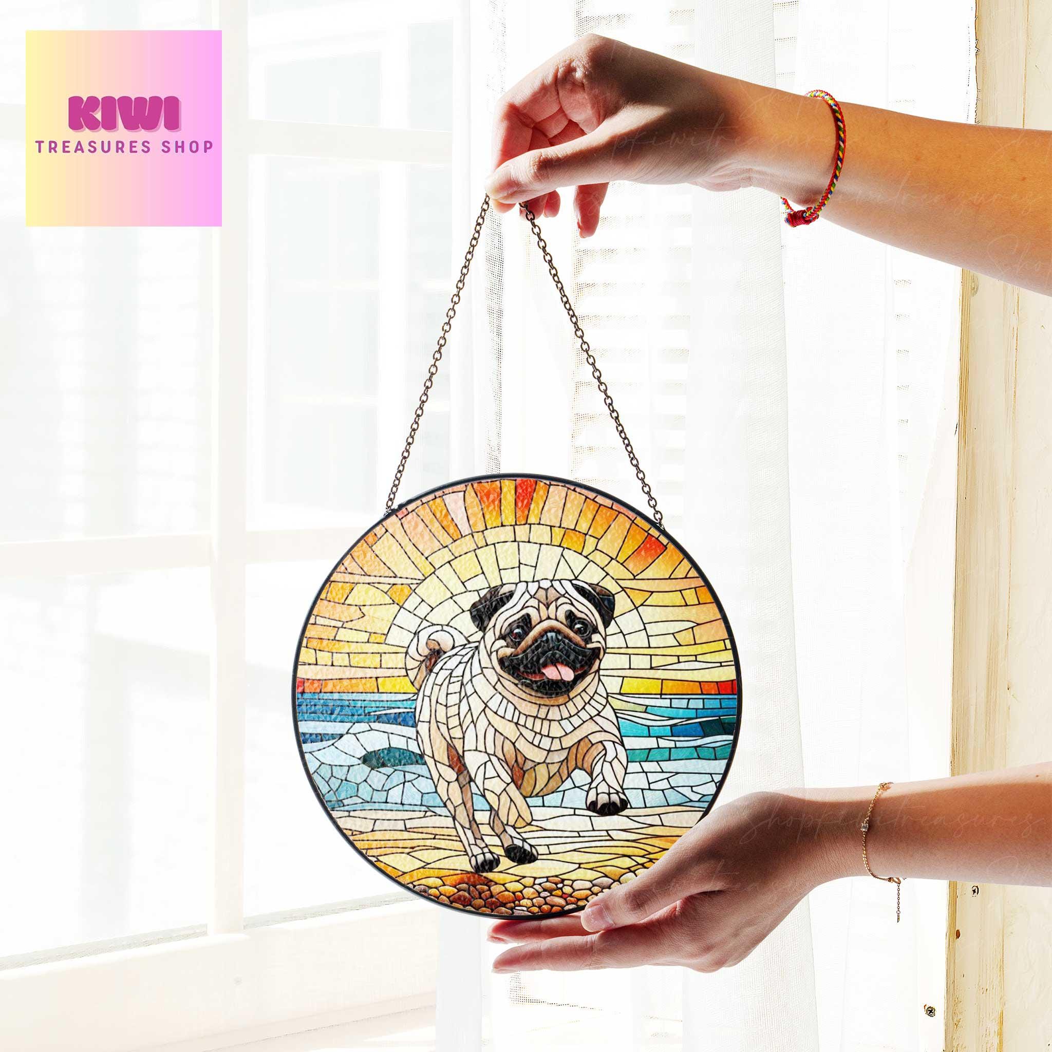 Pug running at the beach GLASS Suncatcher Hanging, Pug mom gift, Pug dog suncatcher hanging, Dog window hanging, sunset beach glass