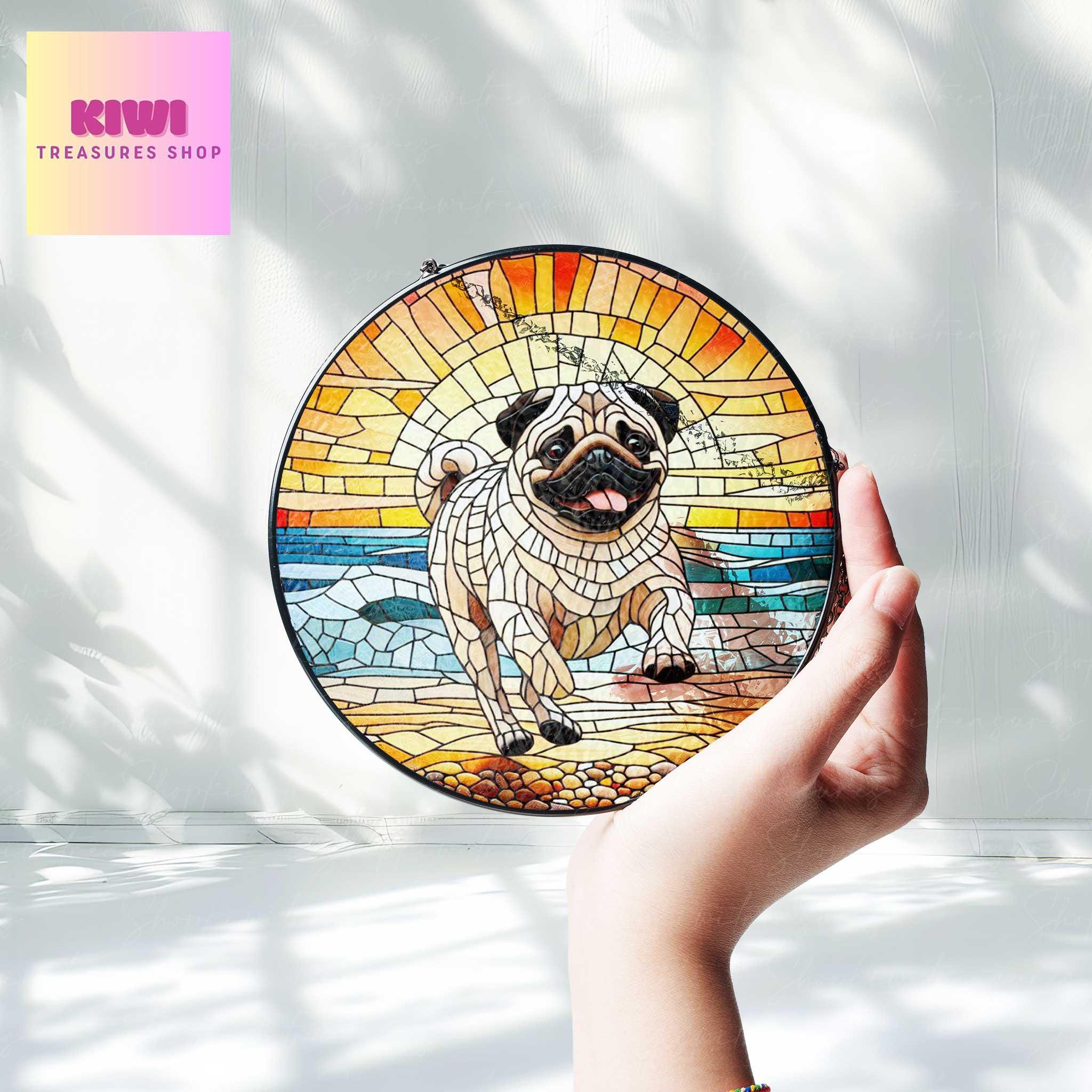 Pug running at the beach GLASS Suncatcher Hanging, Pug mom gift, Pug dog suncatcher hanging, Dog window hanging, sunset beach glass