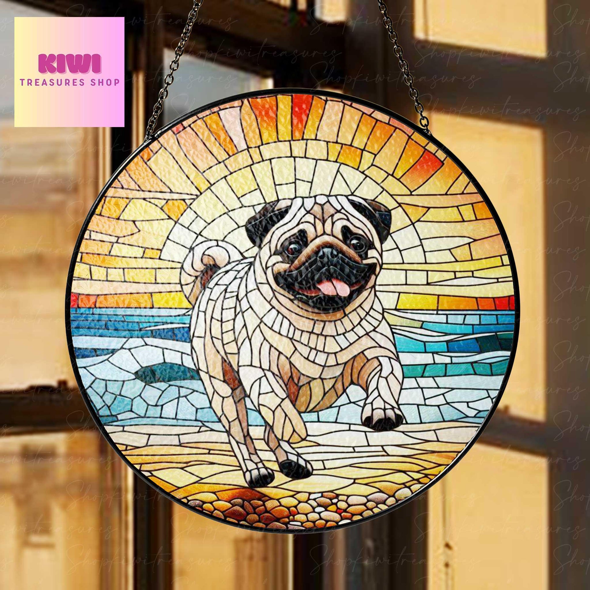 Pug running at the beach GLASS Suncatcher Hanging, Pug mom gift, Pug dog suncatcher hanging, Dog window hanging, sunset beach glass