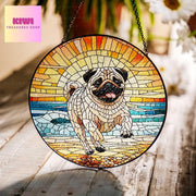 Pug running at the beach GLASS Suncatcher Hanging, Pug mom gift, Pug dog suncatcher hanging, Dog window hanging, sunset beach glass