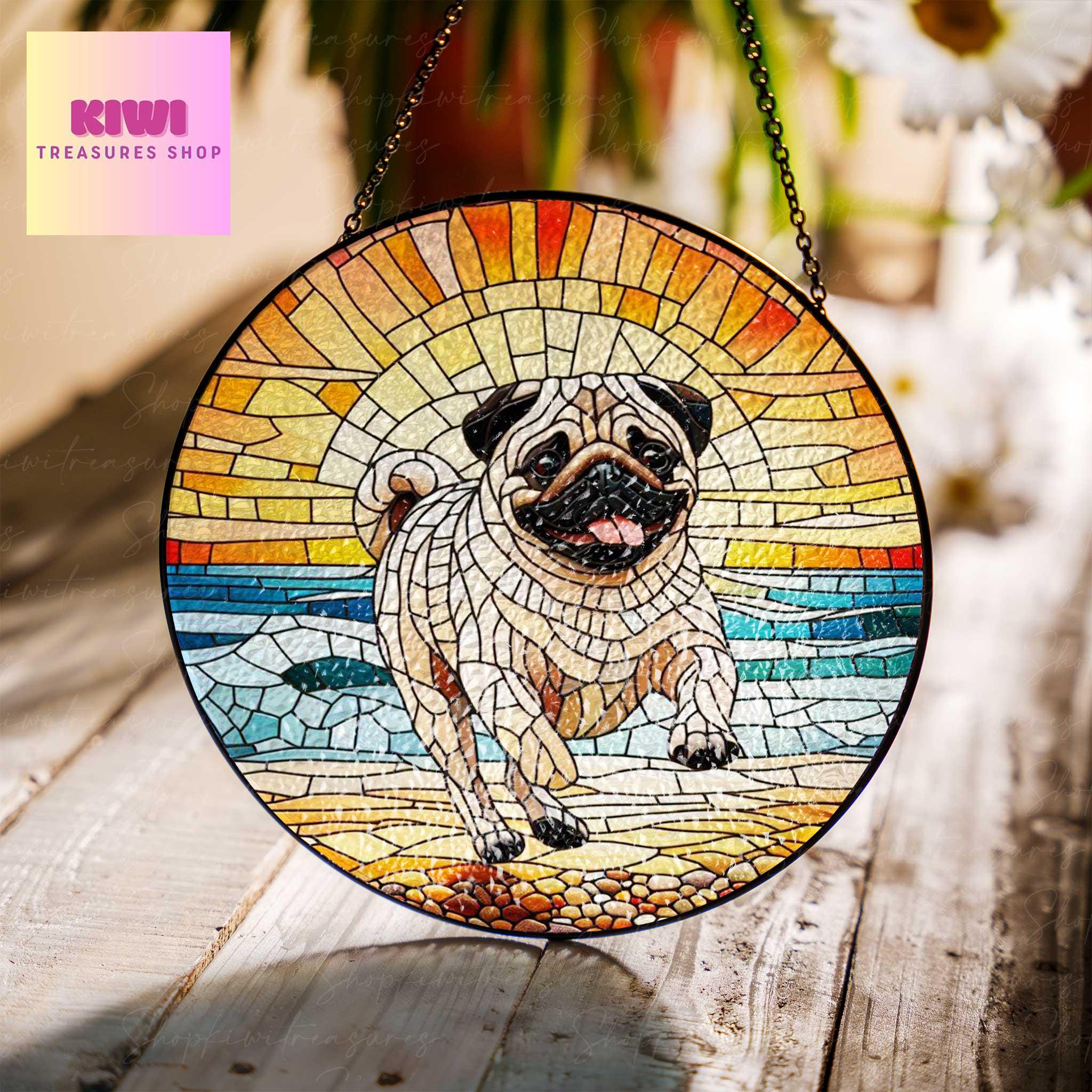 Pug running at the beach GLASS Suncatcher Hanging, Pug mom gift, Pug dog suncatcher hanging, Dog window hanging, sunset beach glass