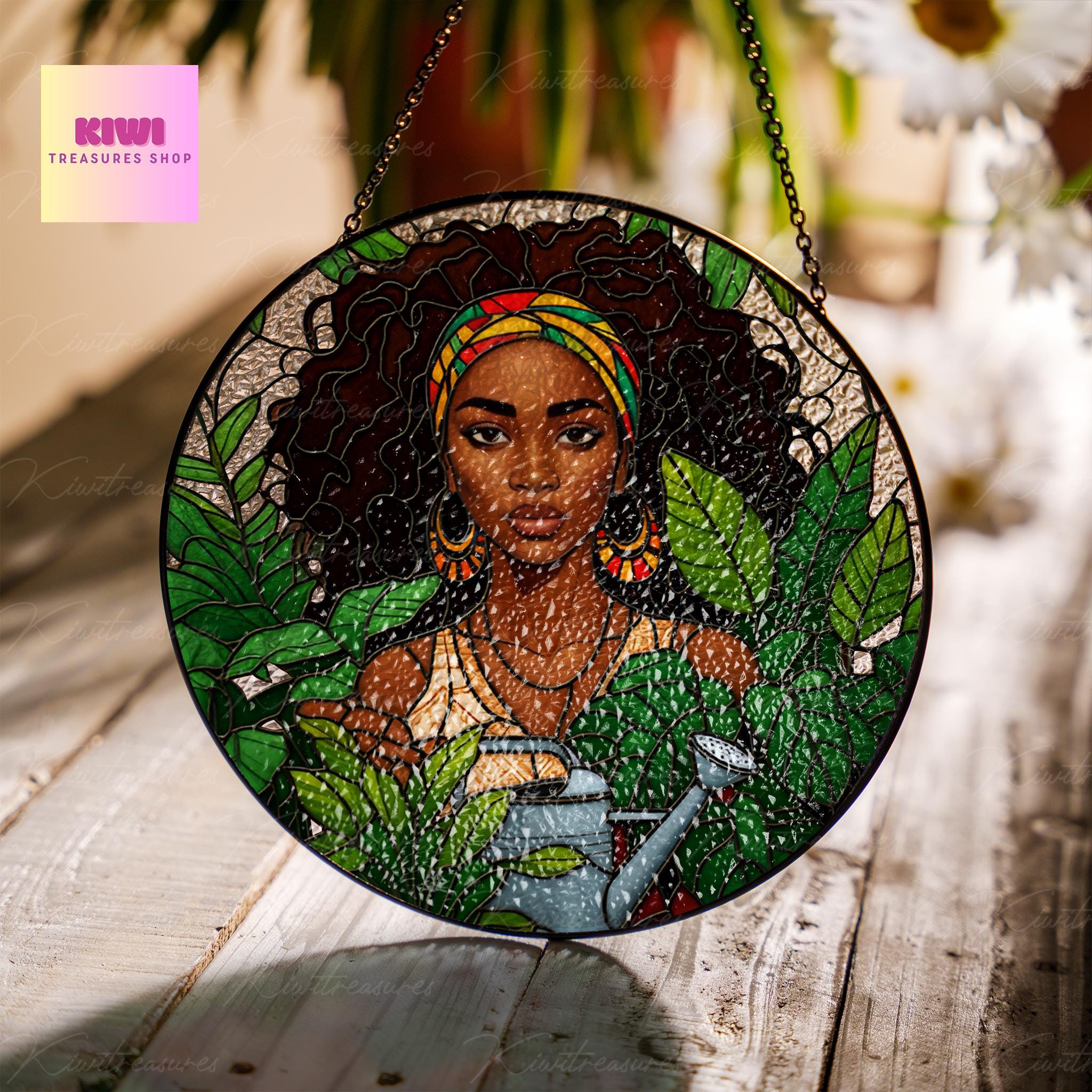 Black Woman Watering Plant GLASS Suncatcher, Black Woman Decor, Black History Vibe Decor, Plant Lover Gift, Black Plant Lady Gift,Yard decor