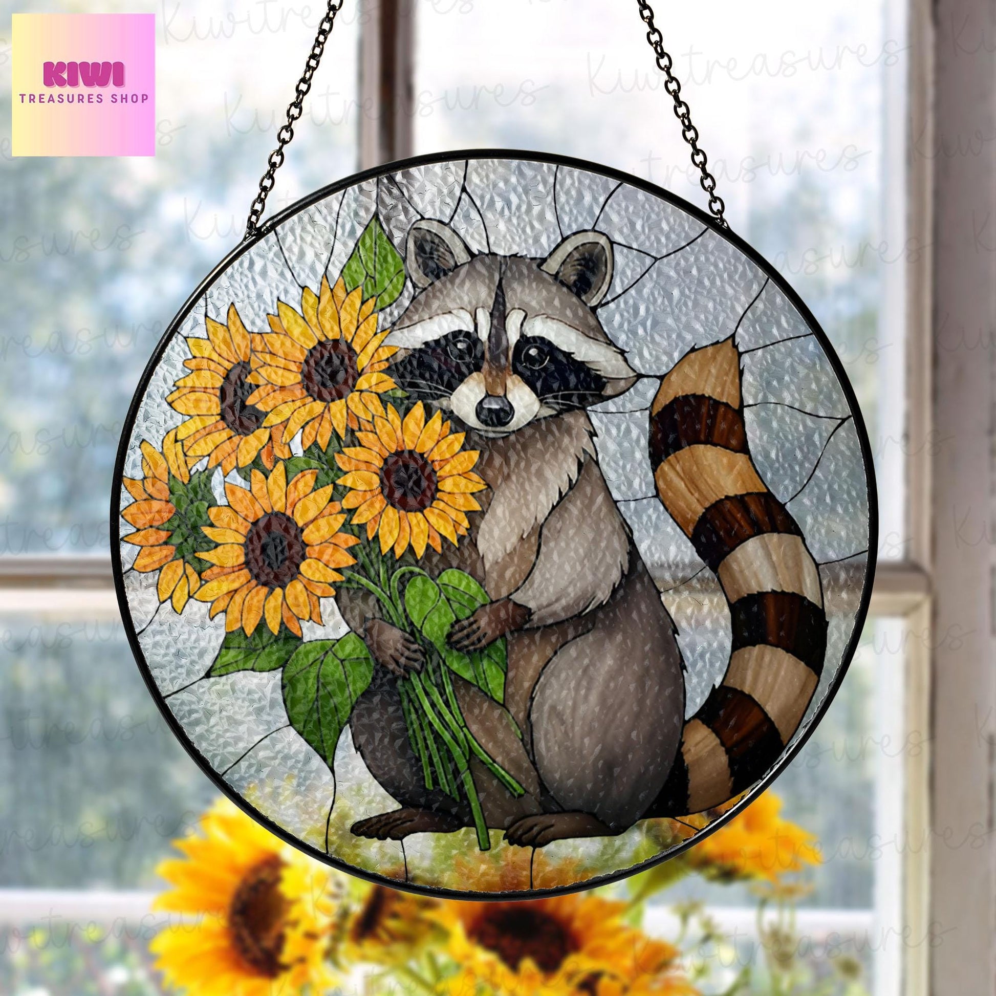 Raccoon And Sunflower GLASS Suncatcher, Raccoon Decor, Sunflower Decor, Gift For Raccoon Lover, Funny Raccoon Decor, Raccon Gift, Yard Decor