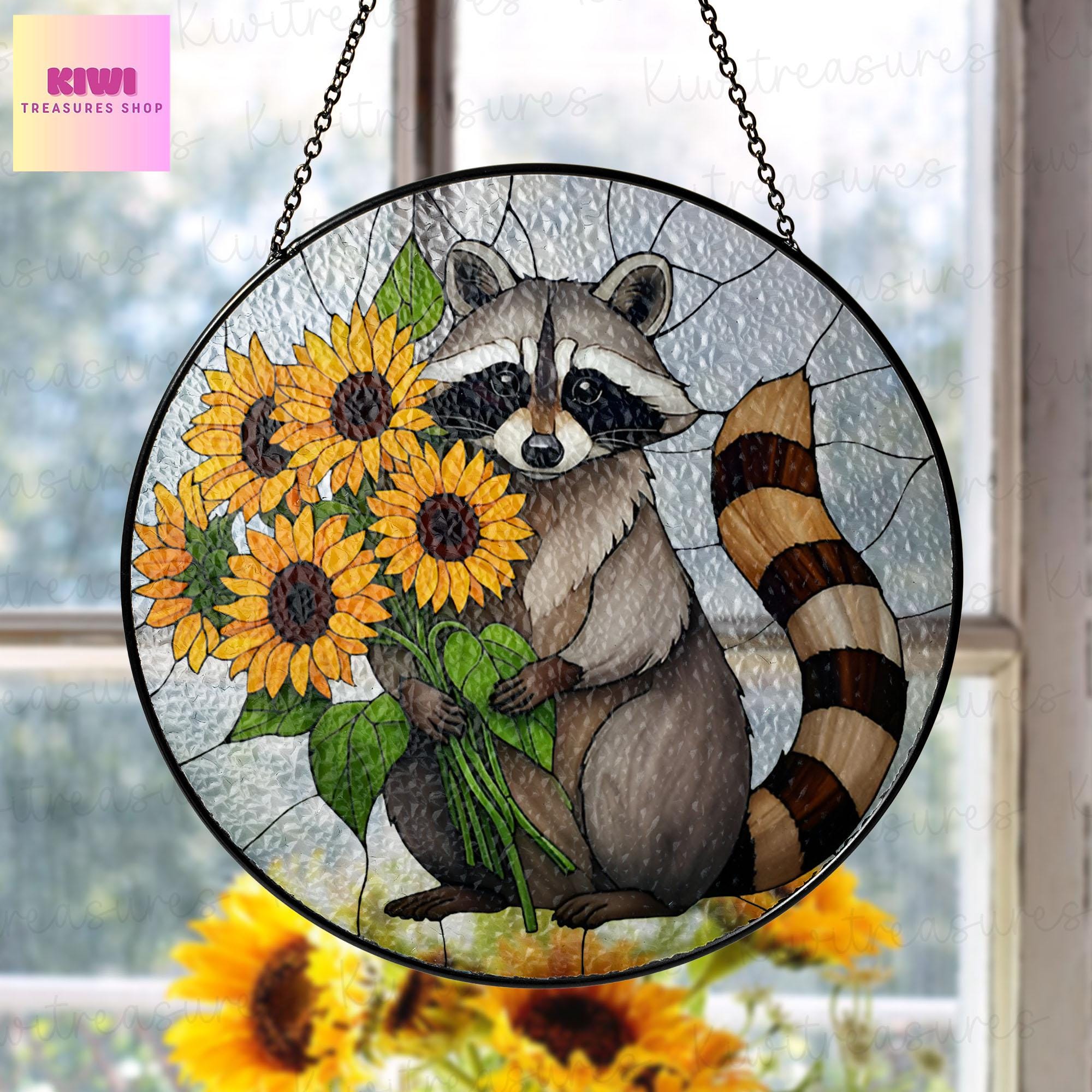 Raccoon And Sunflower GLASS Suncatcher, Raccoon Decor, Sunflower Decor, Gift For Raccoon Lover, Funny Raccoon Decor, Raccon Gift, Yard Decor