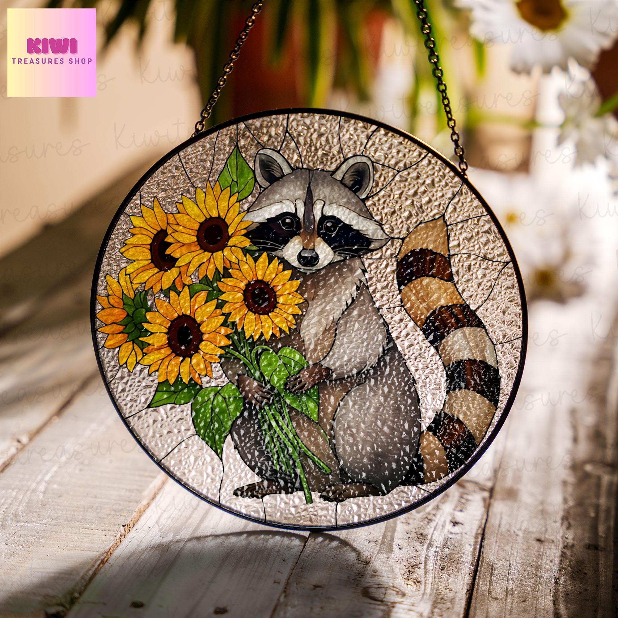 Raccoon And Sunflower GLASS Suncatcher, Raccoon Decor, Sunflower Decor, Gift For Raccoon Lover, Funny Raccoon Decor, Raccon Gift, Yard Decor