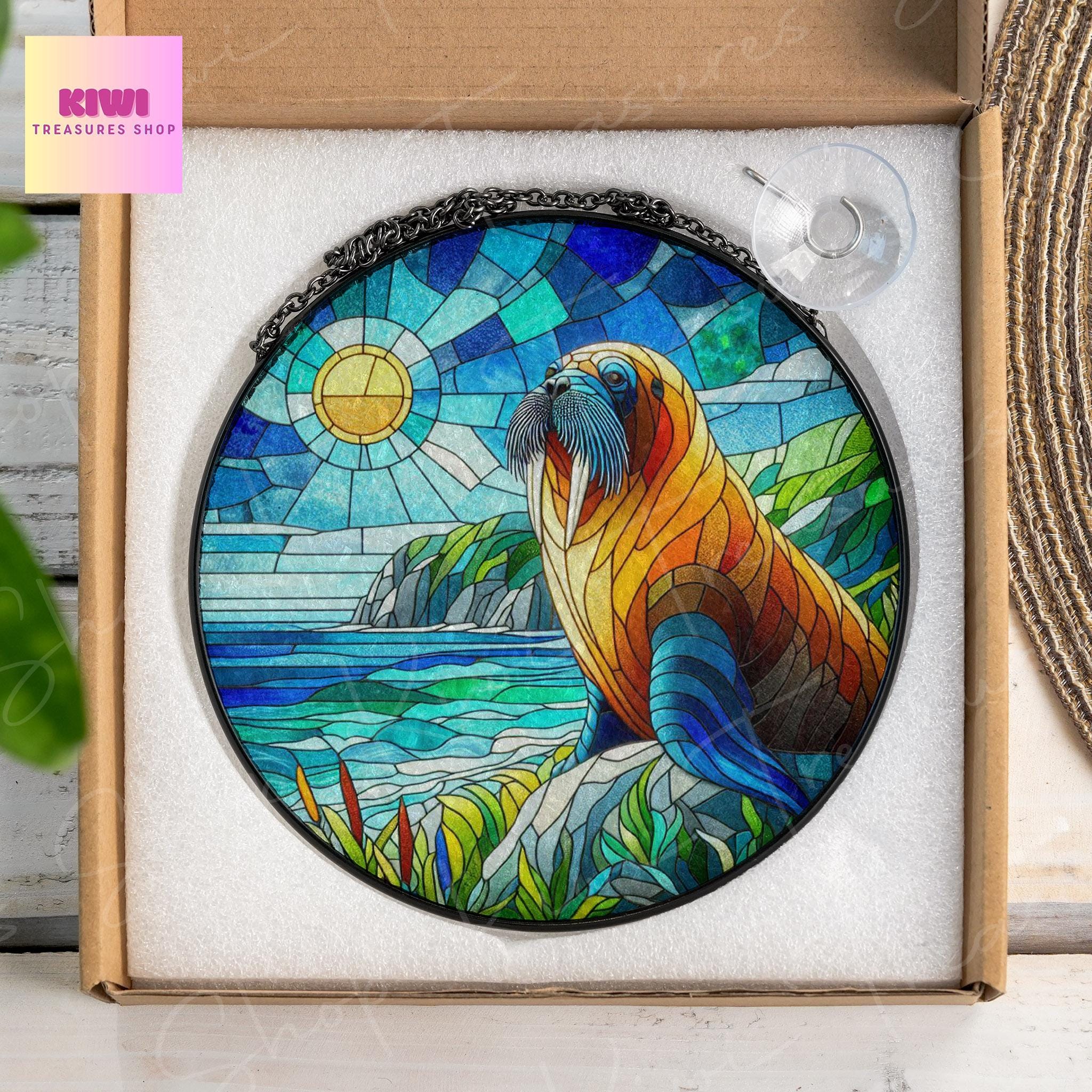 Walrus on cliff Landscape GLASS Suncatcher Hanging, Walrus Wall Art, Window Hanging, Indoor Decor, walrus lover, Perfect for Nature Lovers