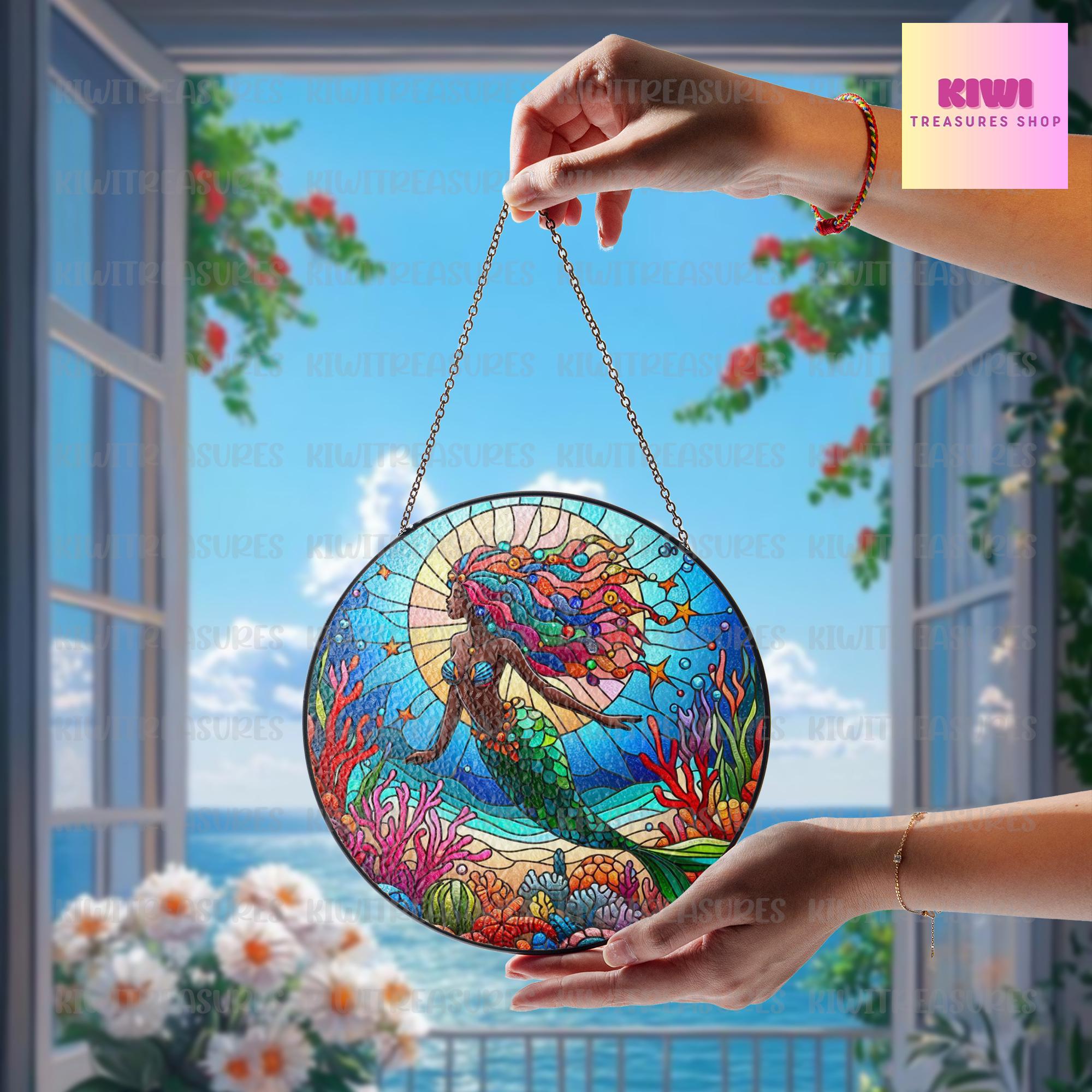 African Mermaid GLASS Window Hanging, Mermaid lover gift, Coral reef glass, Black girl suncatcher, mermaid window hanging, gift for daughter
