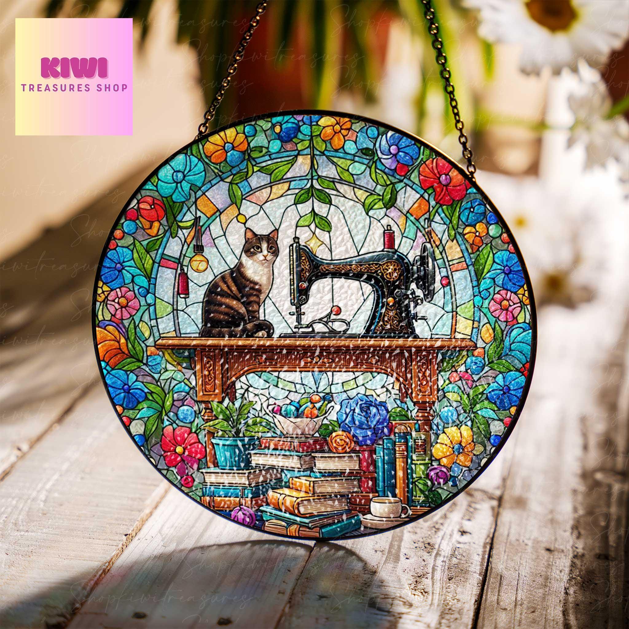 Sewing Machine and Tabby Cat GLASS Suncatcher Hanging, Sewing Suncatcher Ornament, Perfect Gift for Sewers, Quilters and Tailors