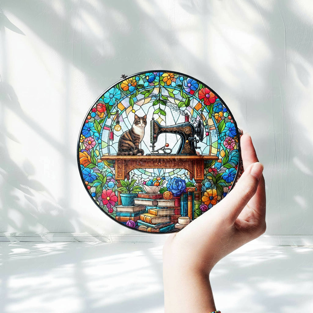 Sewing Machine and Tabby Cat GLASS Suncatcher Hanging, Sewing Suncatcher Ornament, Perfect Gift for Sewers, Quilters and Tailors