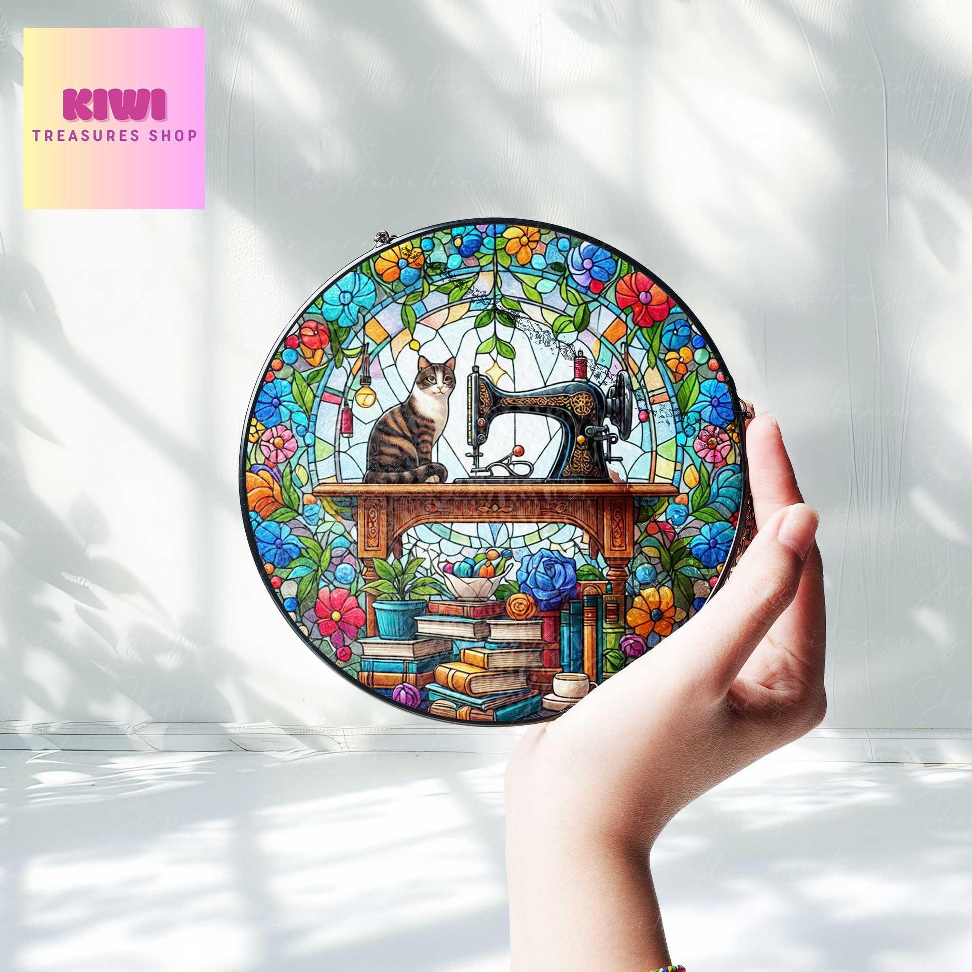 Sewing Machine and Tabby Cat GLASS Suncatcher Hanging, Sewing Suncatcher Ornament, Perfect Gift for Sewers, Quilters and Tailors