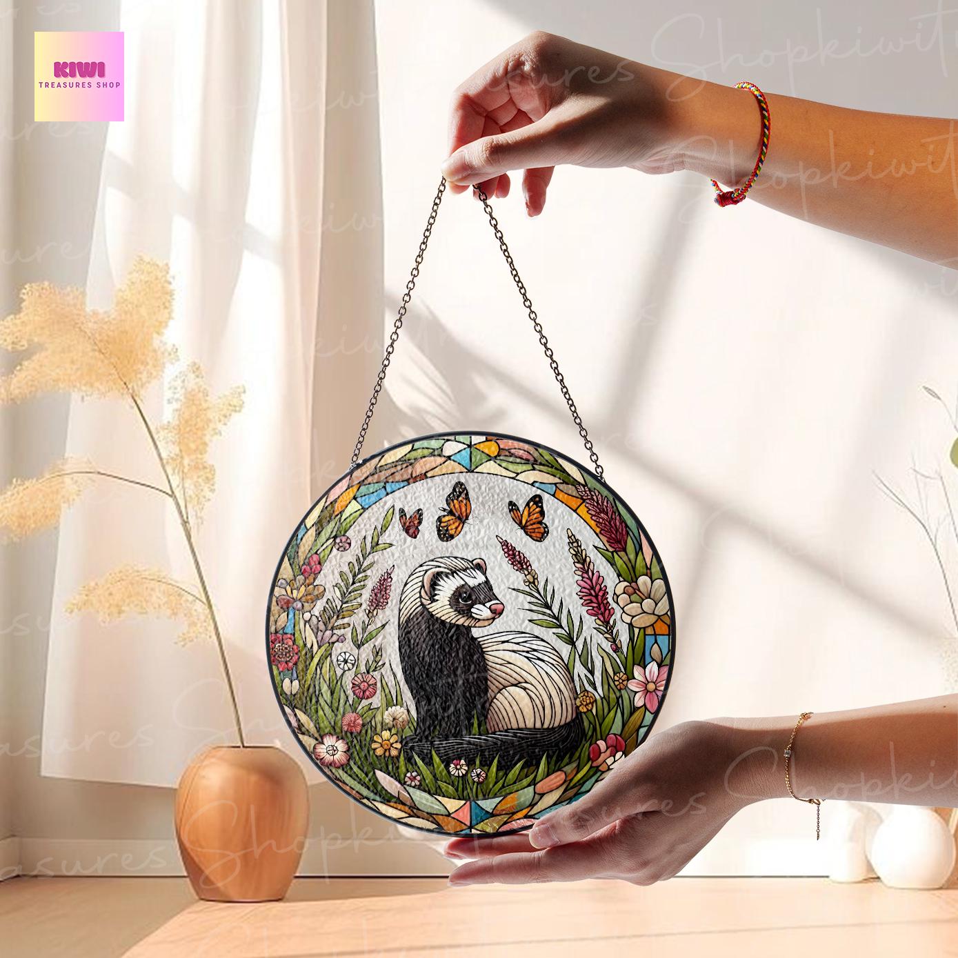 Ferret & Butterfly GLASS Sun Catcher | Cute Ferret Sun Catcher Ornament | Perfect Ferret Lovers Gift | Animal Lover Nature Artwork