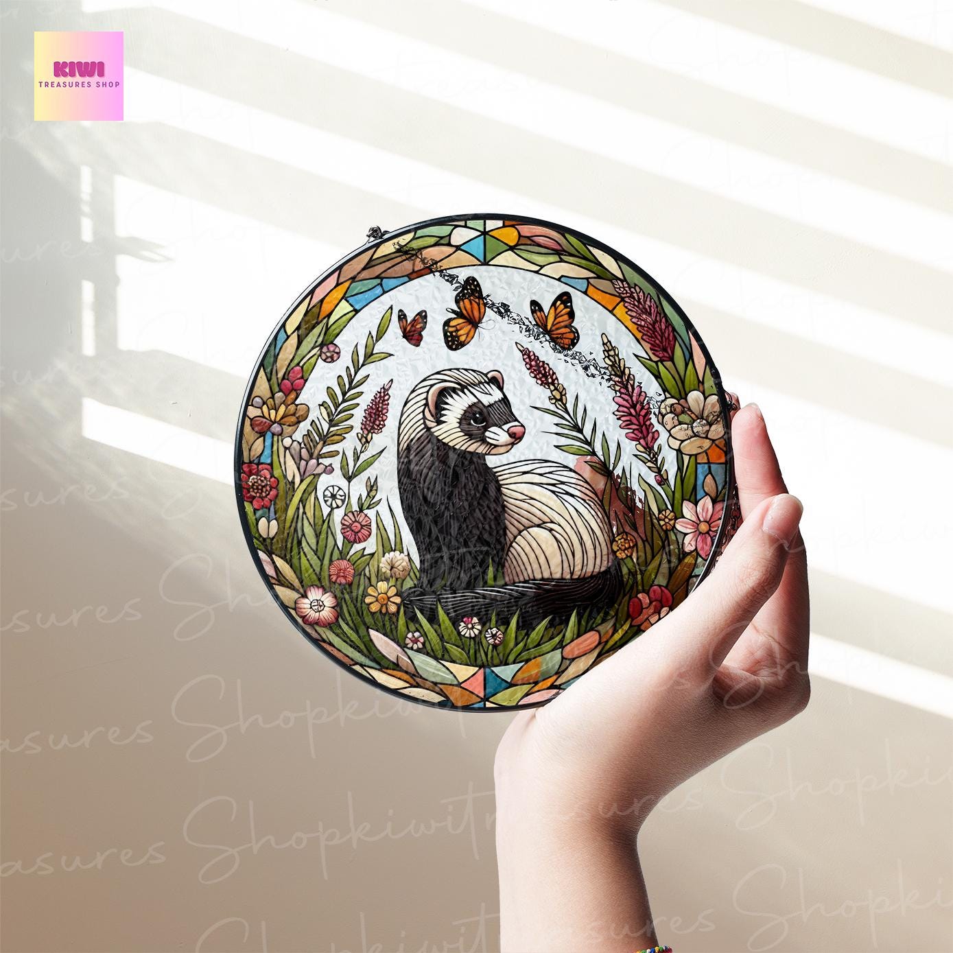 Ferret & Butterfly GLASS Sun Catcher | Cute Ferret Sun Catcher Ornament | Perfect Ferret Lovers Gift | Animal Lover Nature Artwork