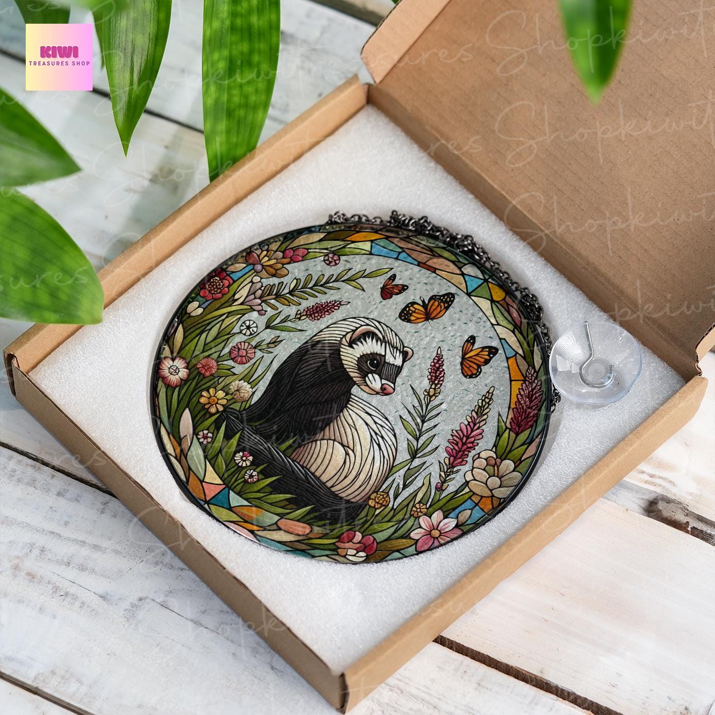 Ferret & Butterfly GLASS Sun Catcher | Cute Ferret Sun Catcher Ornament | Perfect Ferret Lovers Gift | Animal Lover Nature Artwork