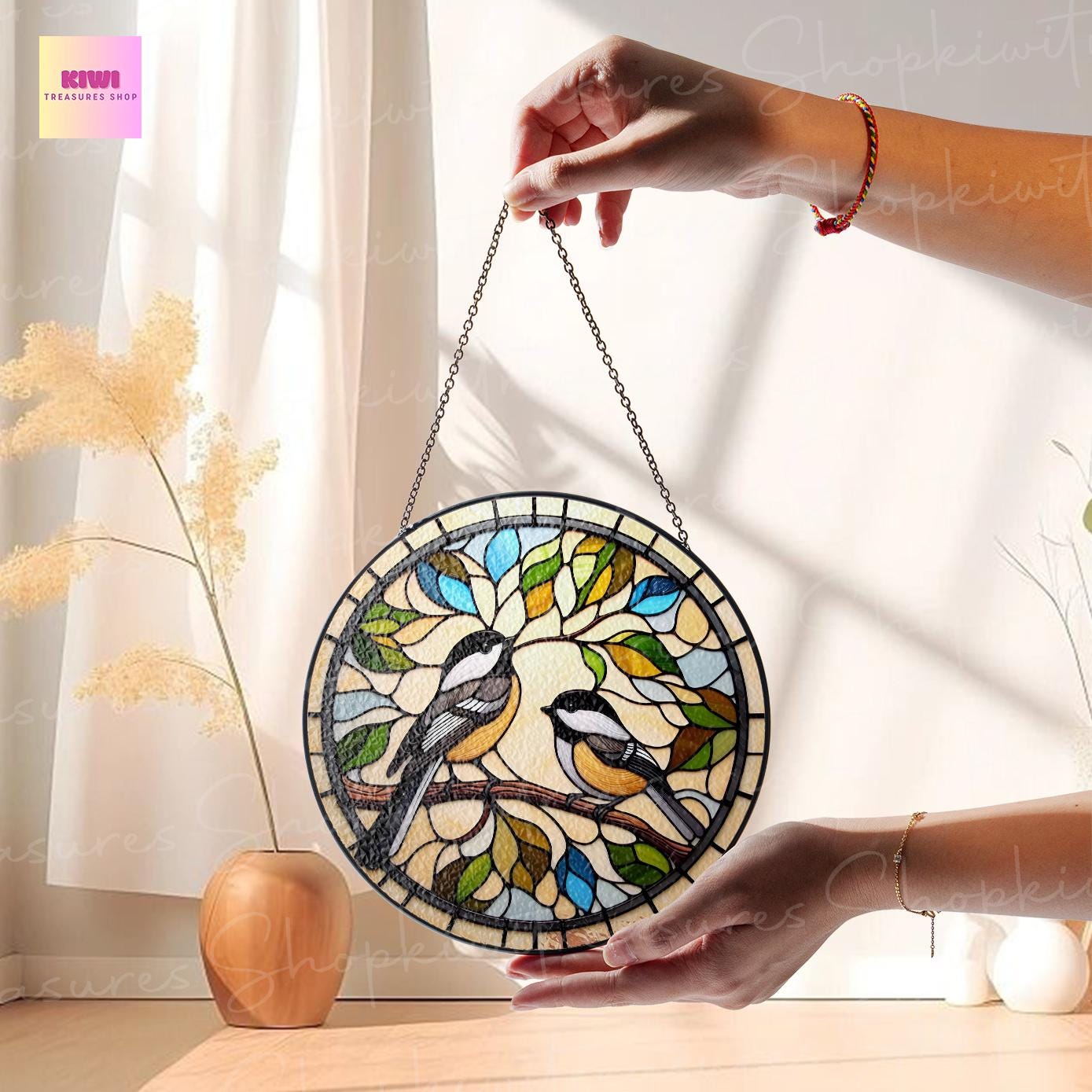 Chickadees Couple Glass Suncatcher | Charming Chickadees Bird Ornament | Ideal Bird Lovers Gift | Bird Memorial Gift | Chickadees Home Decor
