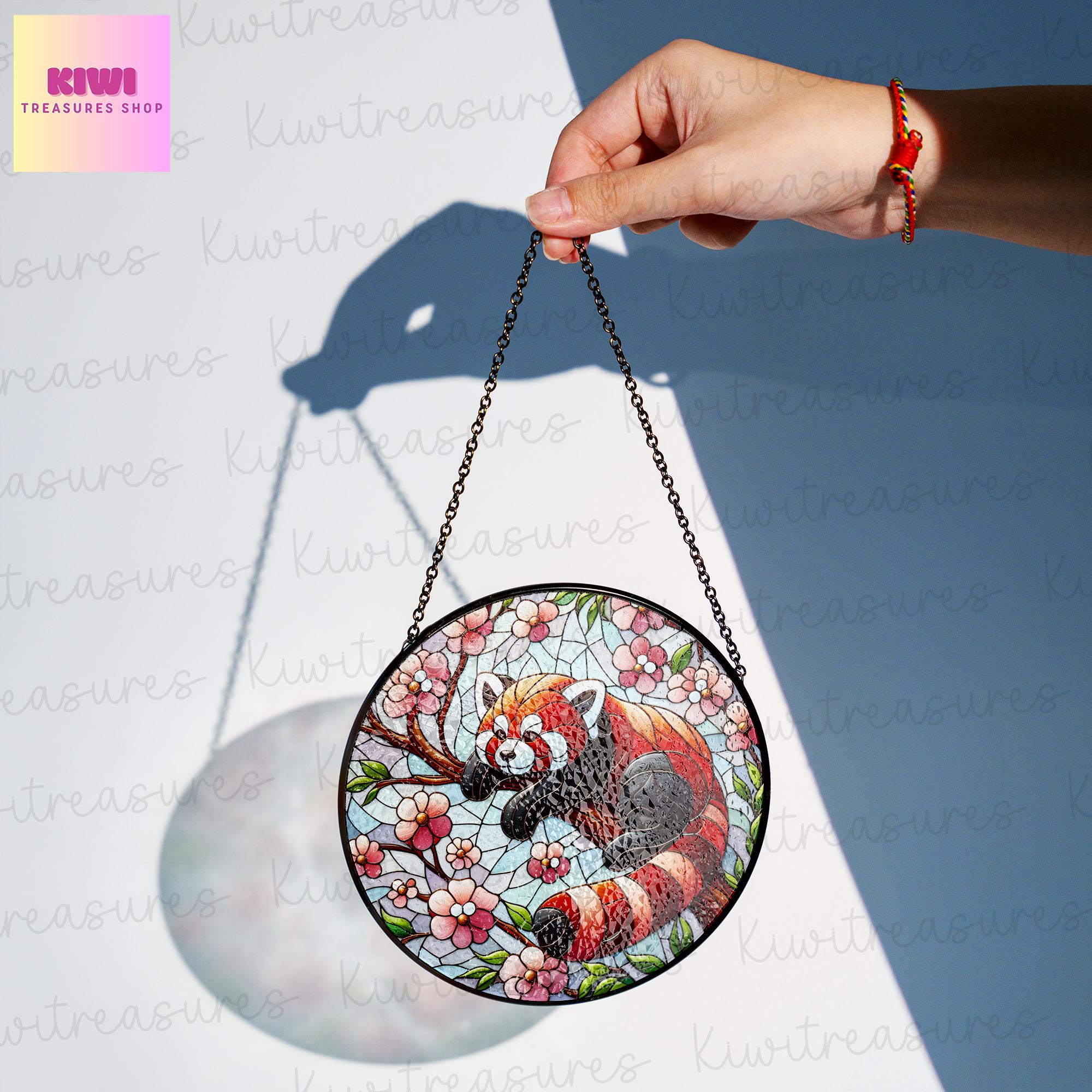 Red Panda and Cherry Blossom Glass Suncatcher | Red Panda Sun Catcher Ornament | Ideal Red Panda Lover Gift | Unique Animal Lover Decor