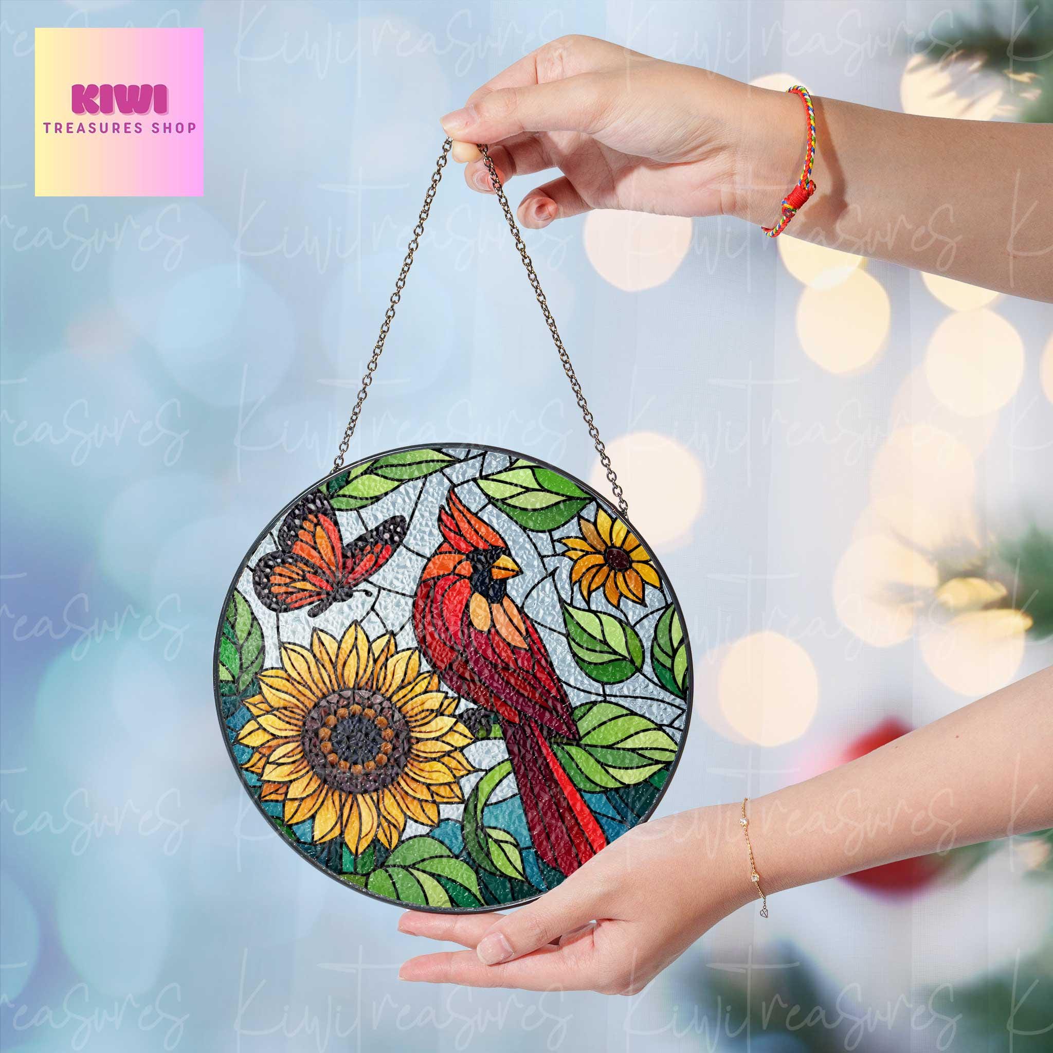 Red Cardinal and Sunflower GLASS Suncatcher | Cardinal Suncatcher Ornament | Wall Art Decor | Cardinal Lover Gift | Sunflower Lover Gift
