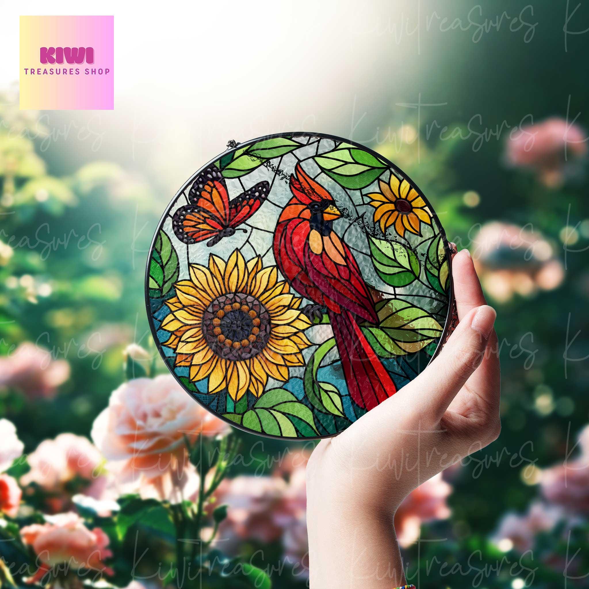 Red Cardinal and Sunflower GLASS Suncatcher | Cardinal Suncatcher Ornament | Wall Art Decor | Cardinal Lover Gift | Sunflower Lover Gift