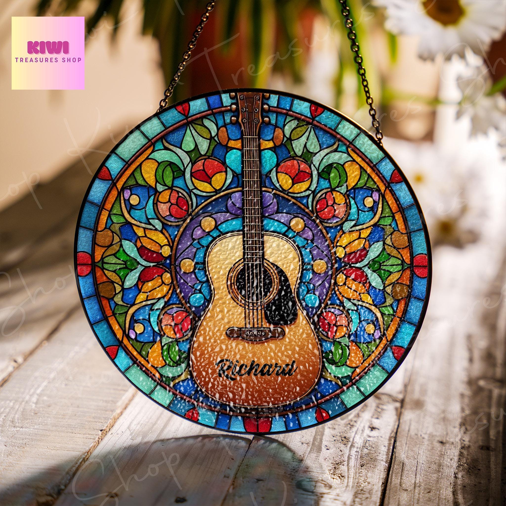 Cutom Guitar GLASS Suncatcher Hanging acoustic guitar Window hanging Suncatcher ornament gift for musical Teacher home decoration