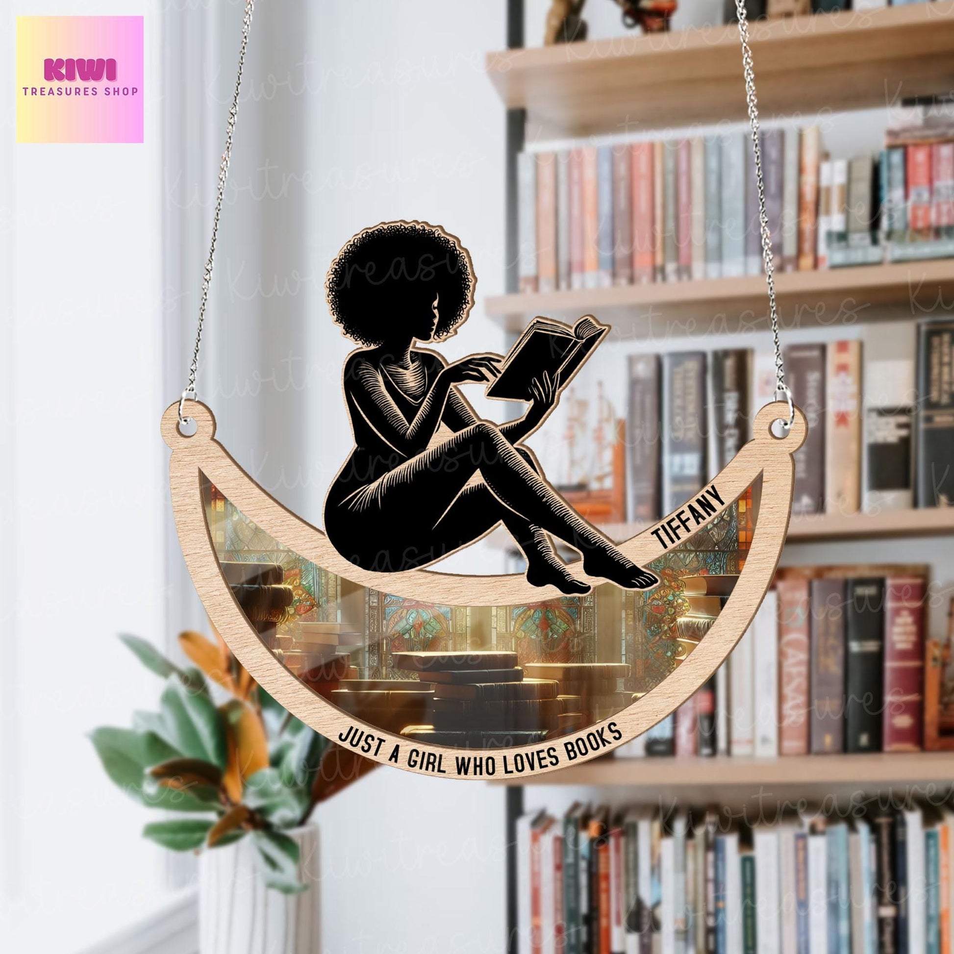Personalized Just a girl who love books suncatcher Ornament, african woman suncatcher, well read woman, Black girl gift, reader gift