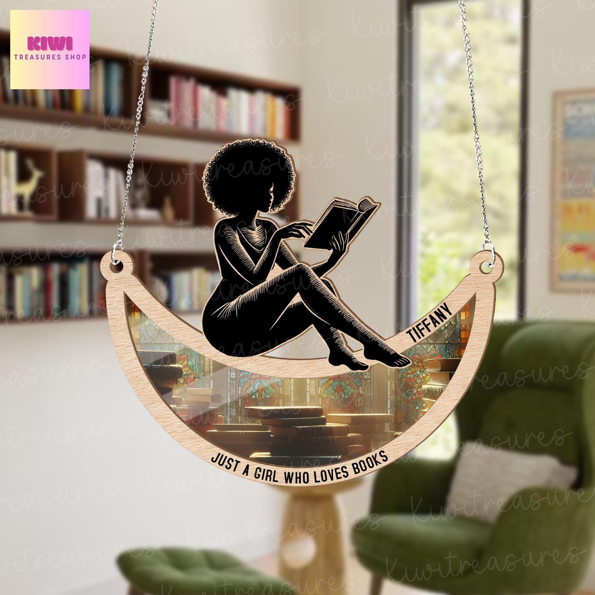 Personalized Just a girl who love books suncatcher Ornament, african woman suncatcher, well read woman, Black girl gift, reader gift