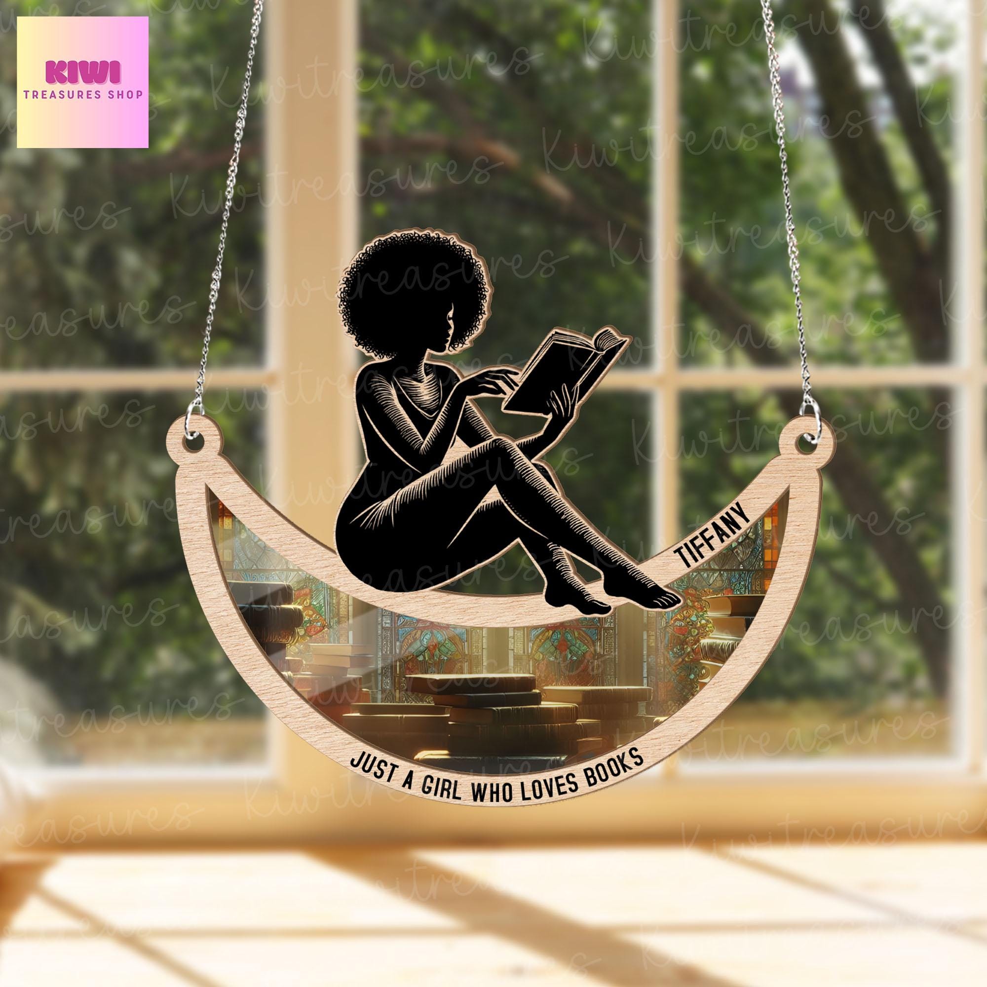 Personalized Just a girl who love books suncatcher Ornament, african woman suncatcher, well read woman, Black girl gift, reader gift