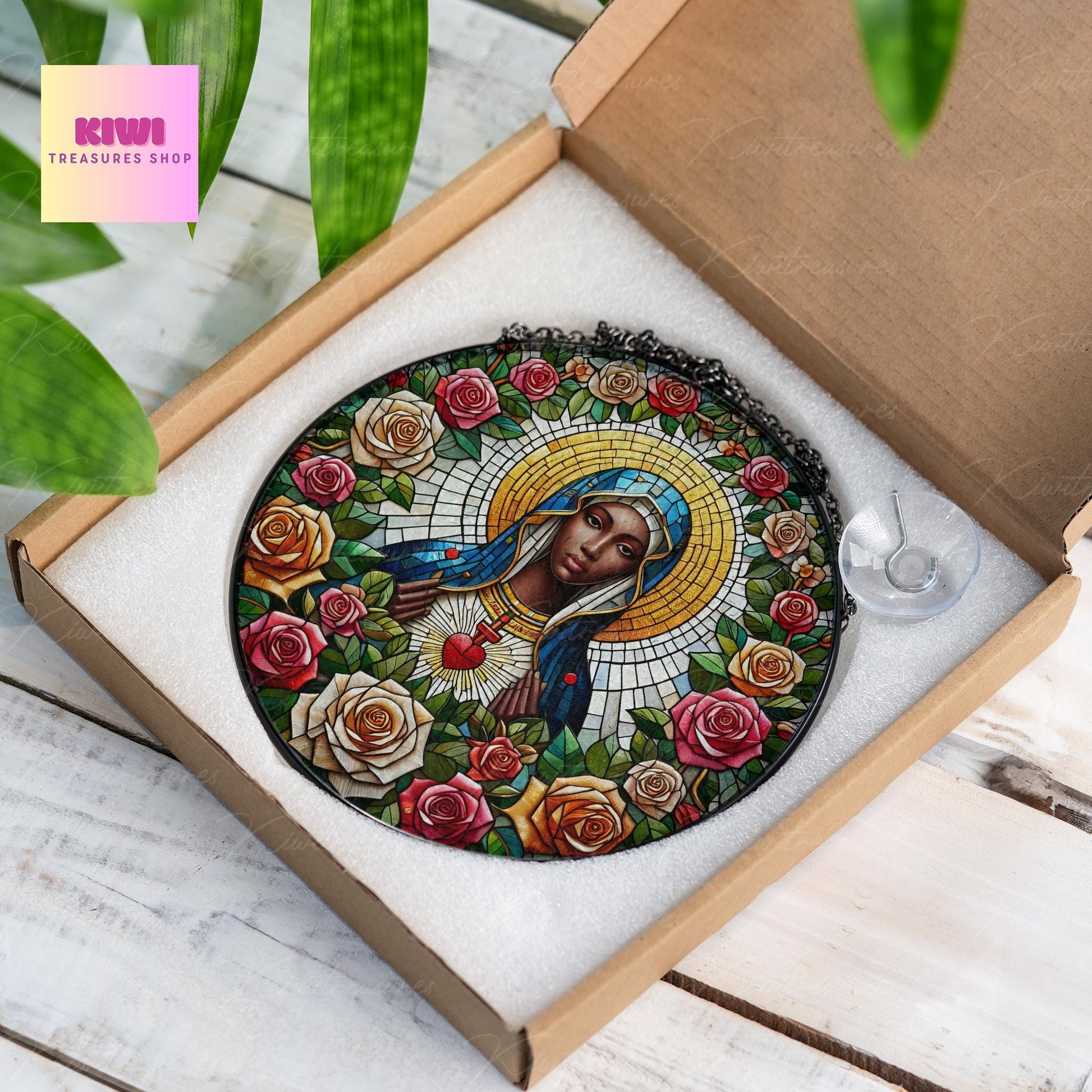 African Virgin Mary Religious GLASS Suncatcher Hanging, Jesus Christ, Maria christian, Catholic Suncatcher, Religious african american