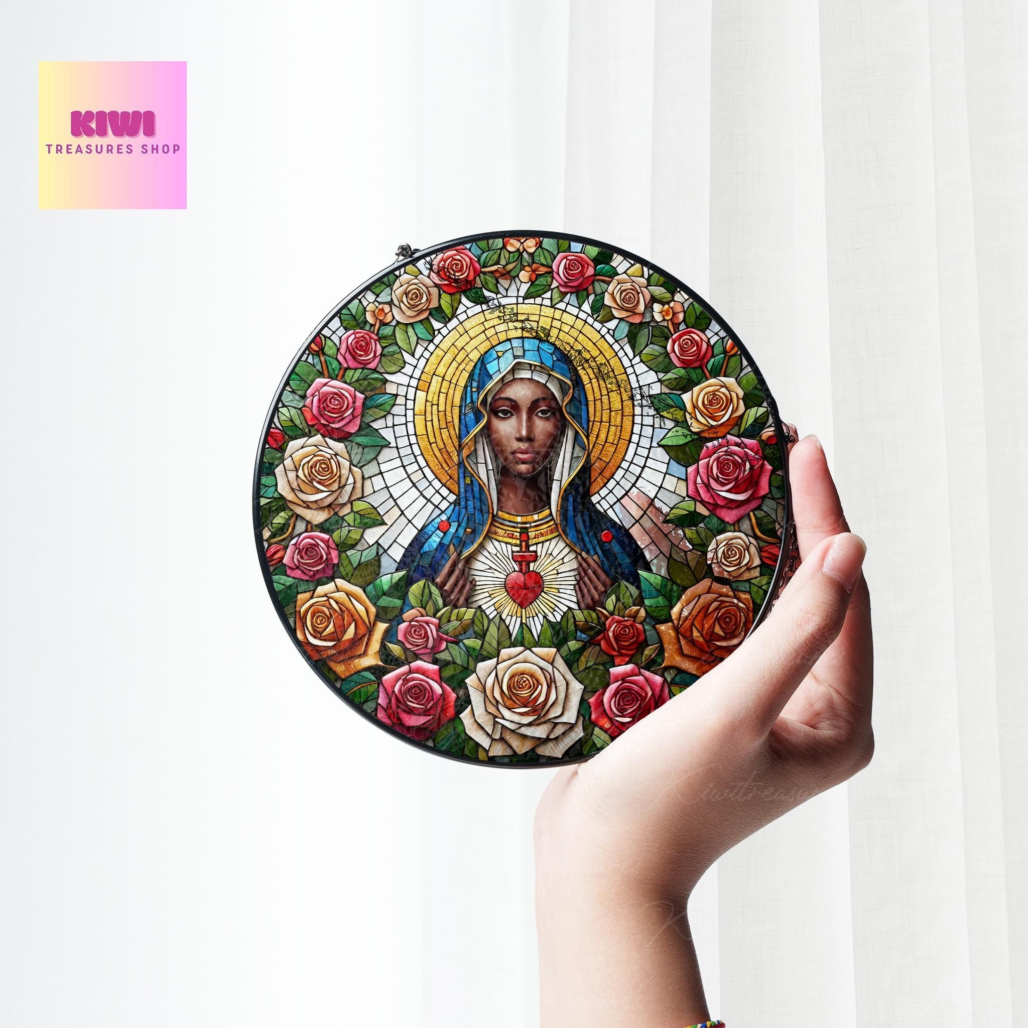 African Virgin Mary Religious GLASS Suncatcher Hanging, Jesus Christ, Maria christian, Catholic Suncatcher, Religious african american