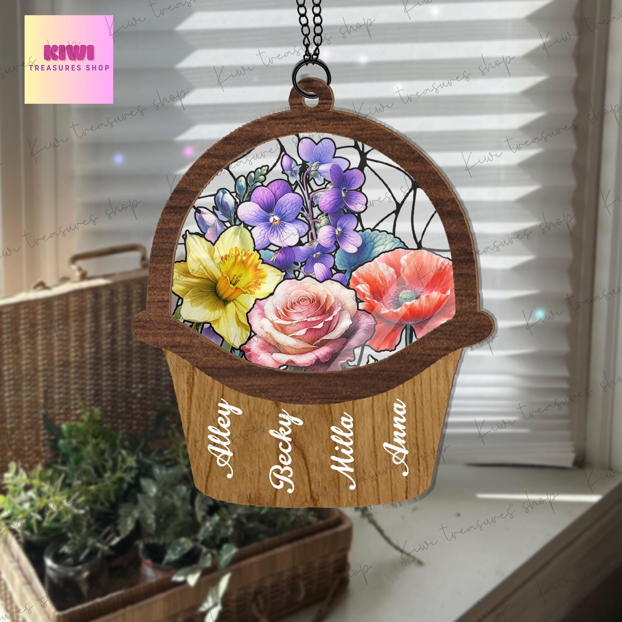 Personalized birth month flower basket suncatcher Ornament, grandma mom flowers suncatcher, Mother's day Mom grandma idea gift