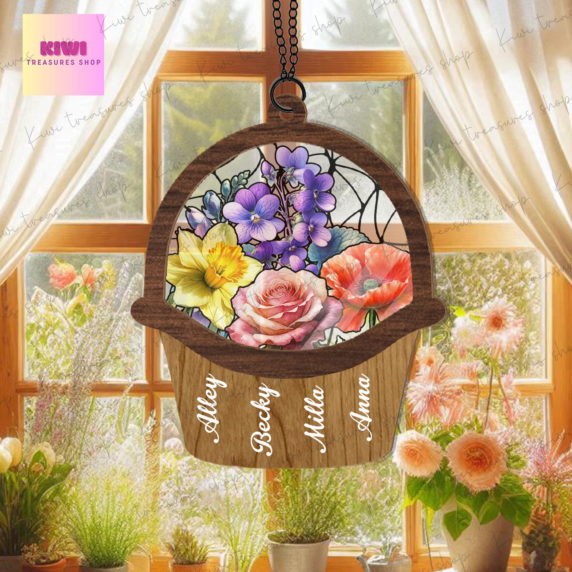 Personalized birth month flower basket suncatcher Ornament, grandma mom flowers suncatcher, Mother's day Mom grandma idea gift