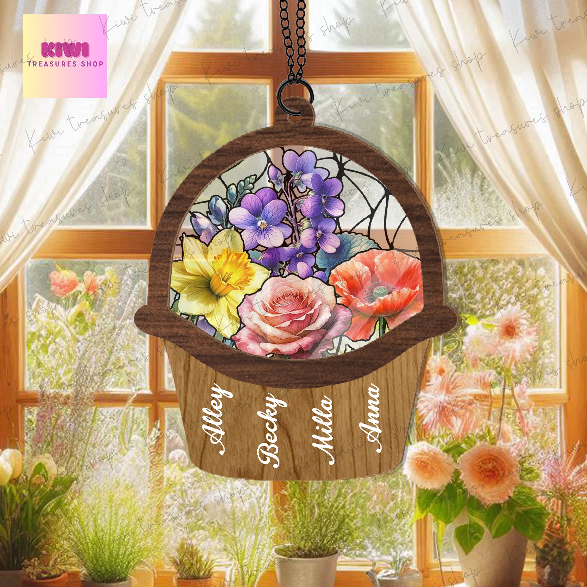 Personalized birth month flower basket suncatcher Ornament, grandma mom flowers suncatcher, Mother's day Mom grandma idea gift