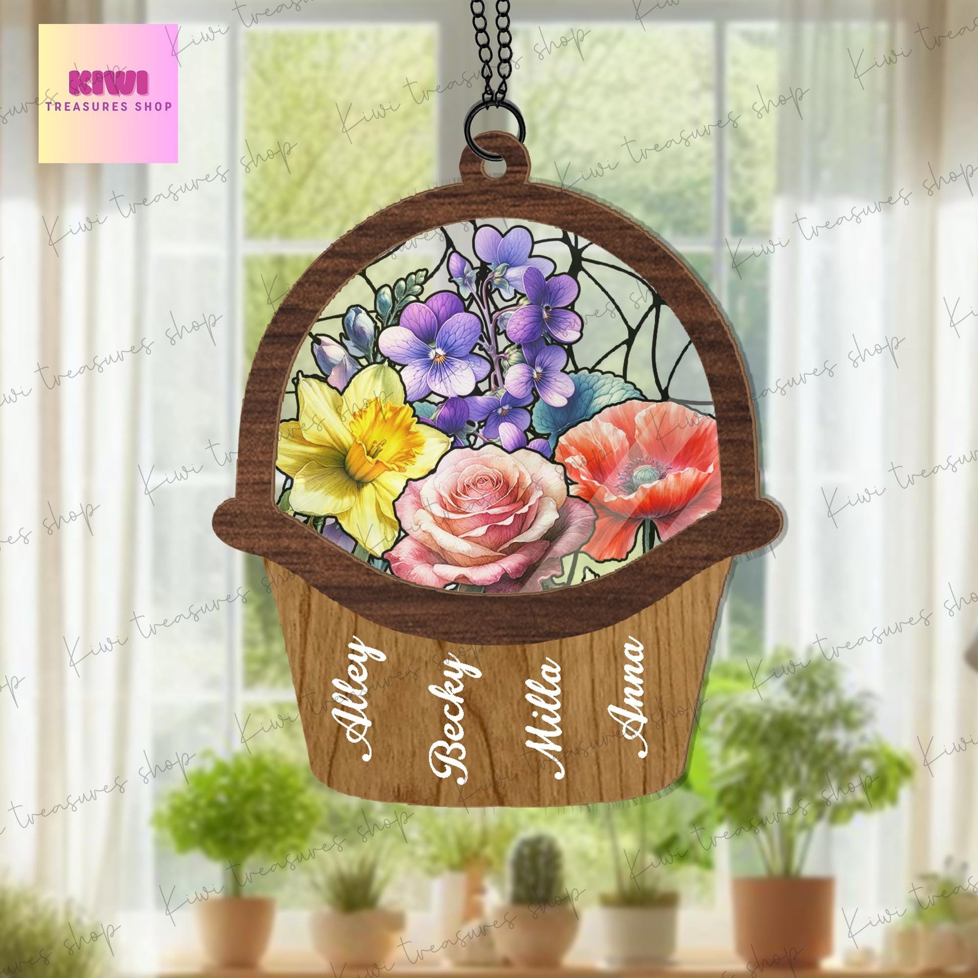 Personalized birth month flower basket suncatcher Ornament, grandma mom flowers suncatcher, Mother's day Mom grandma idea gift