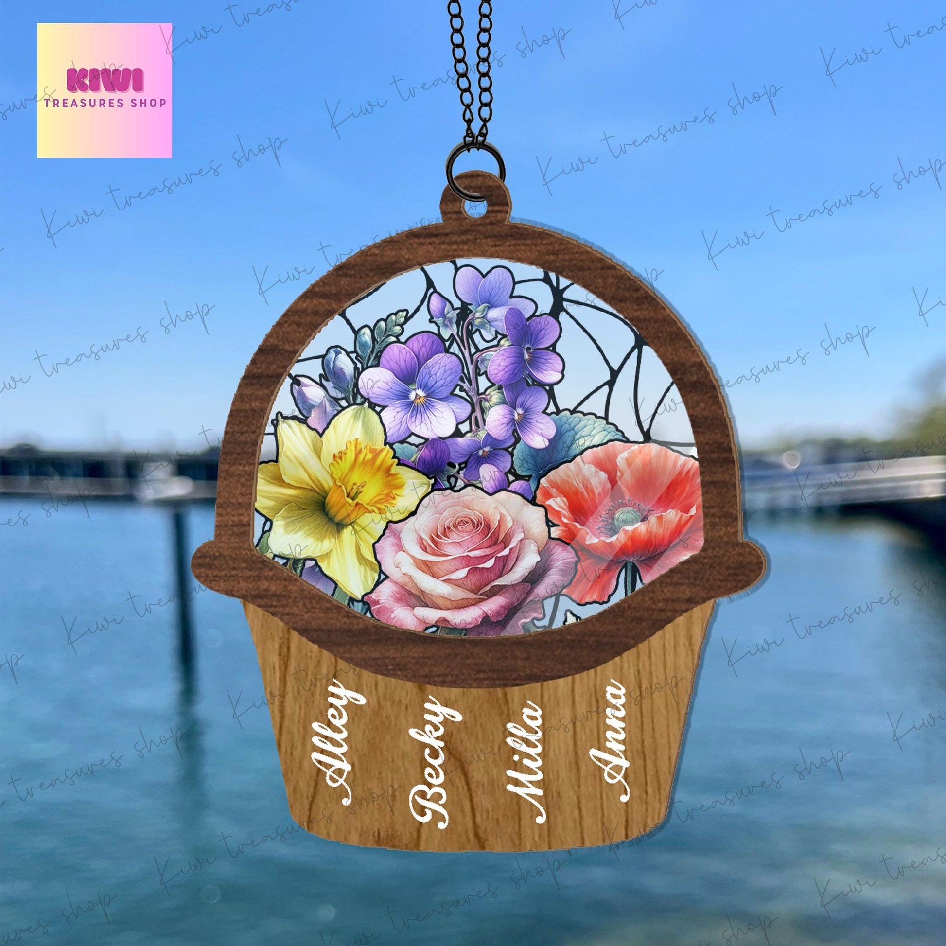 Personalized birth month flower basket suncatcher Ornament, grandma mom flowers suncatcher, Mother's day Mom grandma idea gift