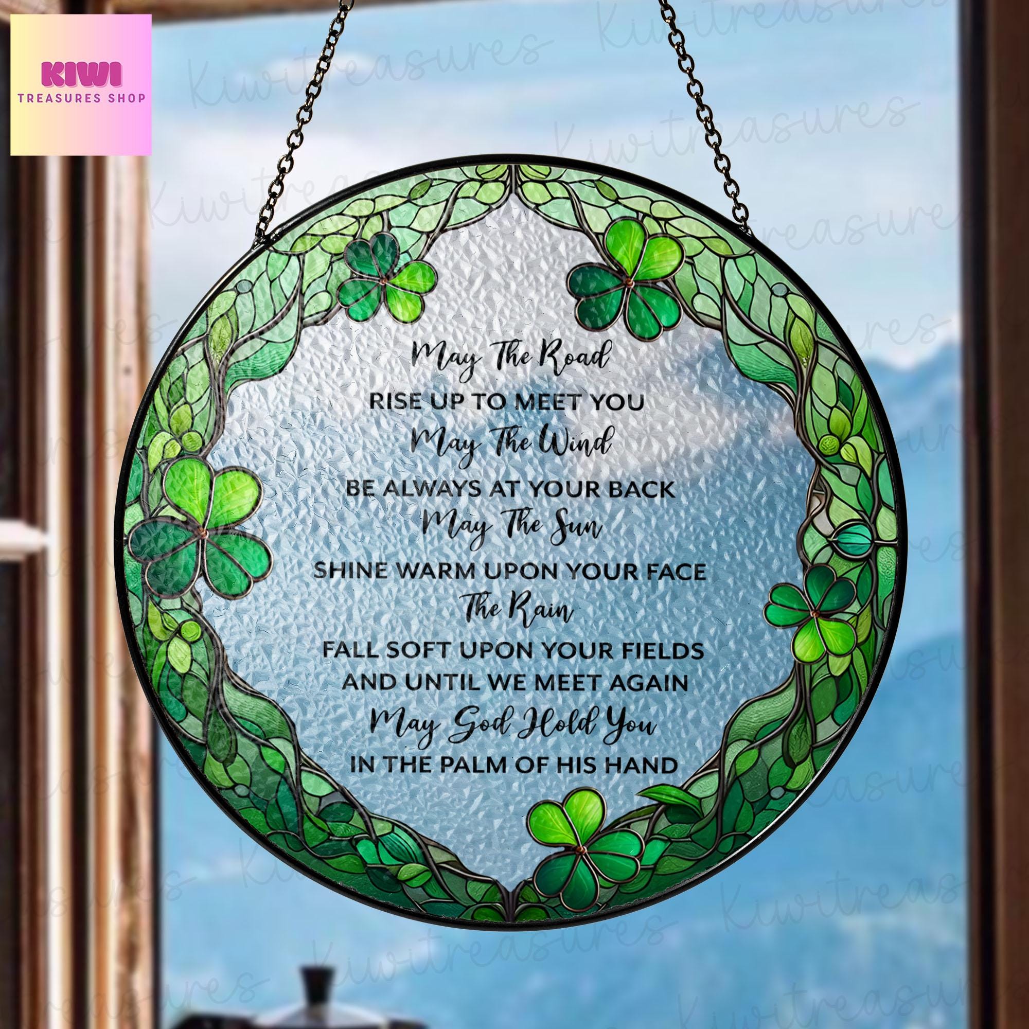 Irish Blessing GLASS Suncatcher Hanging, Ireland Wall Art,Shamrocks, Prayer, God Hold You, Irish window decor, St Patrick day decor