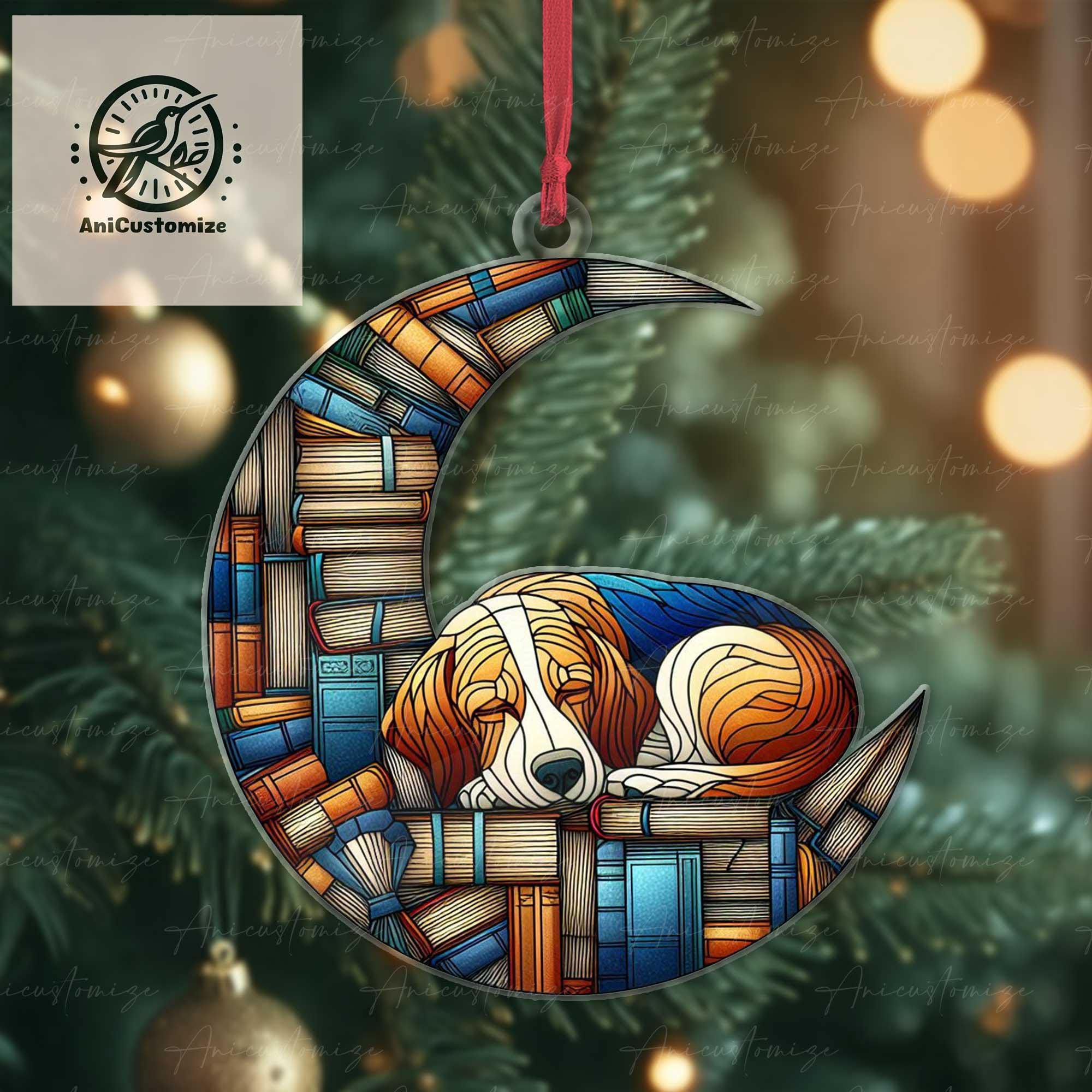 Beagle Dog on Book Crescent Moon Ornament, Dog ornament, Book Ornament, Bookish Lover Gift, Dog Mom Gift, Dog Lover Gift, Book Lovers Gift