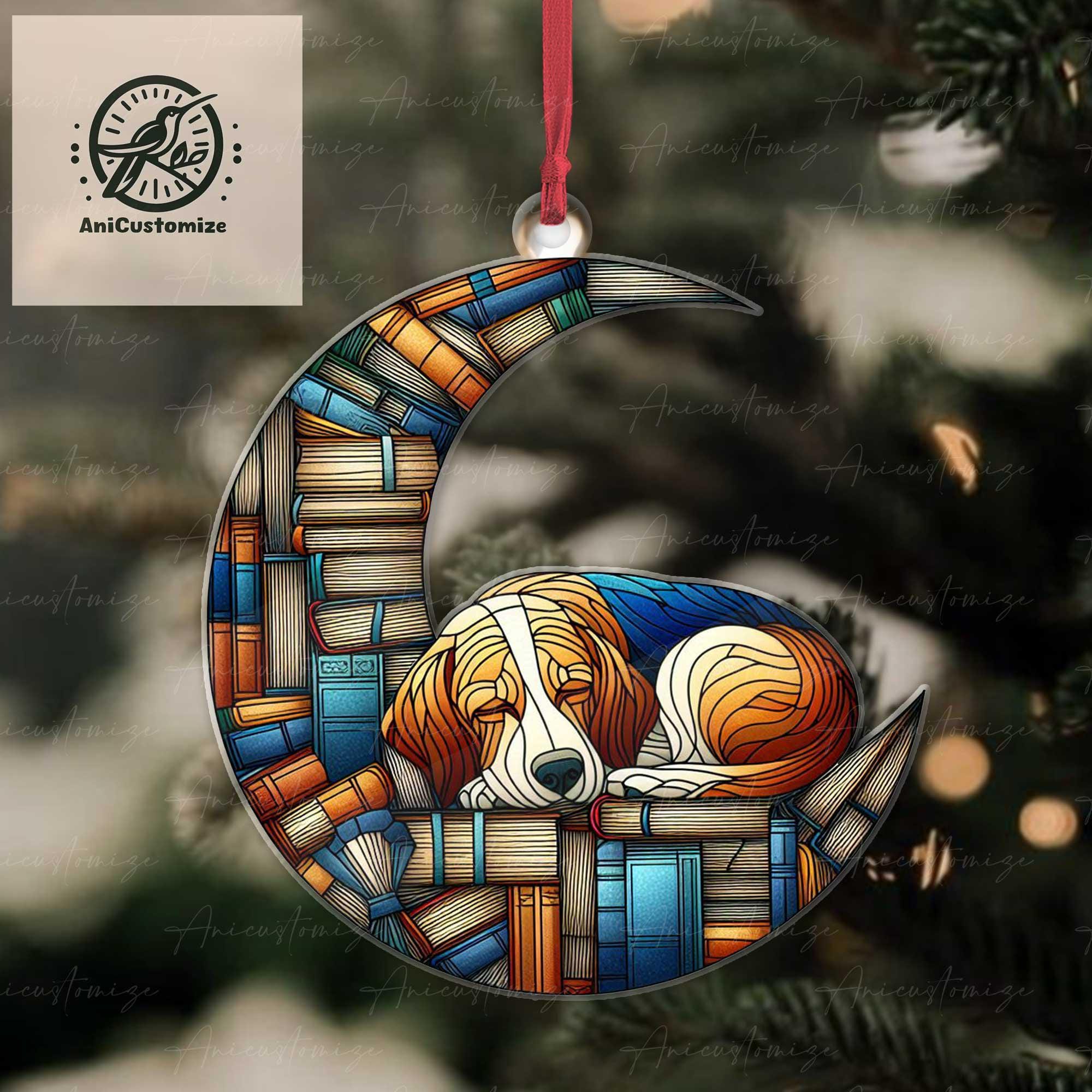 Beagle Dog on Book Crescent Moon Ornament, Dog ornament, Book Ornament, Bookish Lover Gift, Dog Mom Gift, Dog Lover Gift, Book Lovers Gift