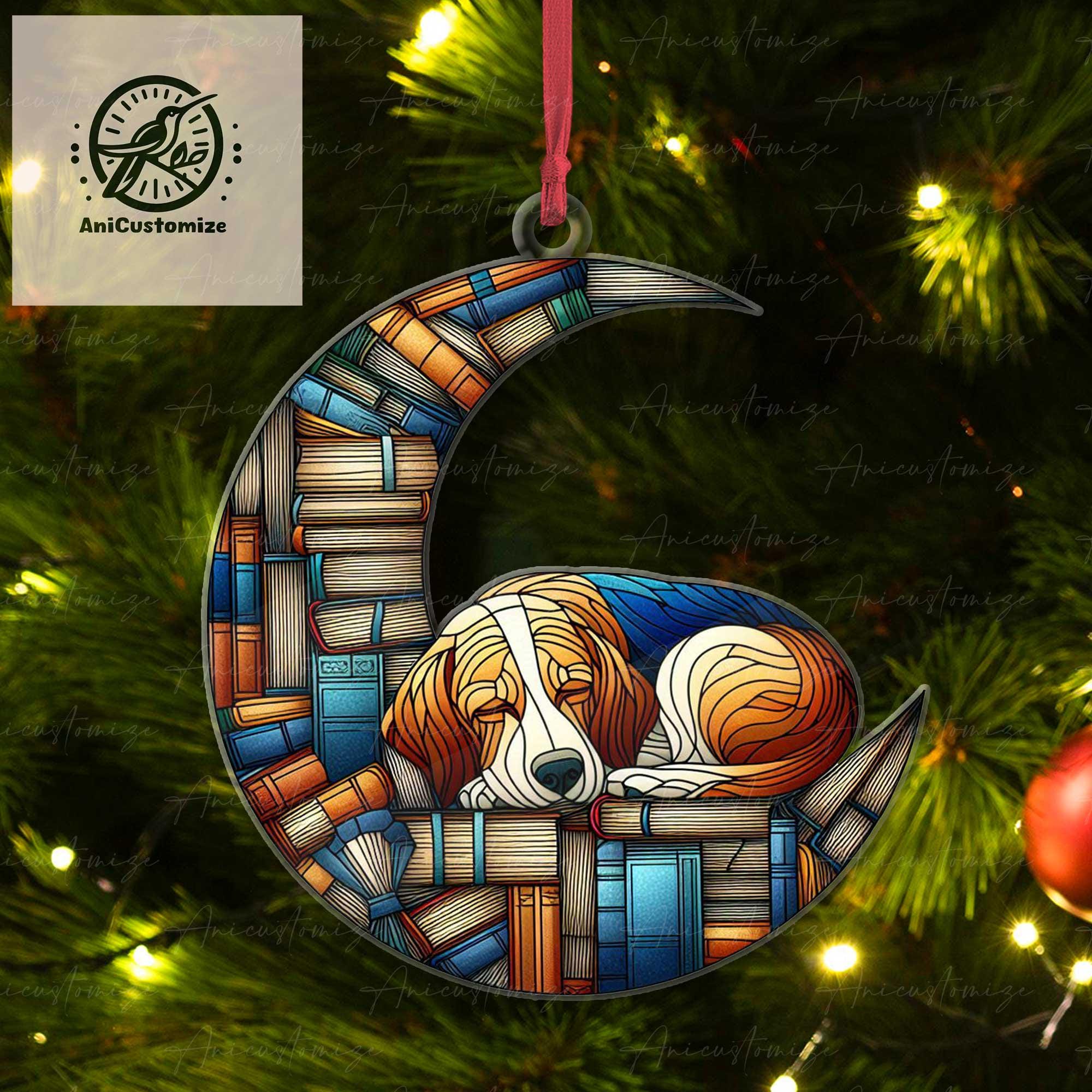 Beagle Dog on Book Crescent Moon Ornament, Dog ornament, Book Ornament, Bookish Lover Gift, Dog Mom Gift, Dog Lover Gift, Book Lovers Gift