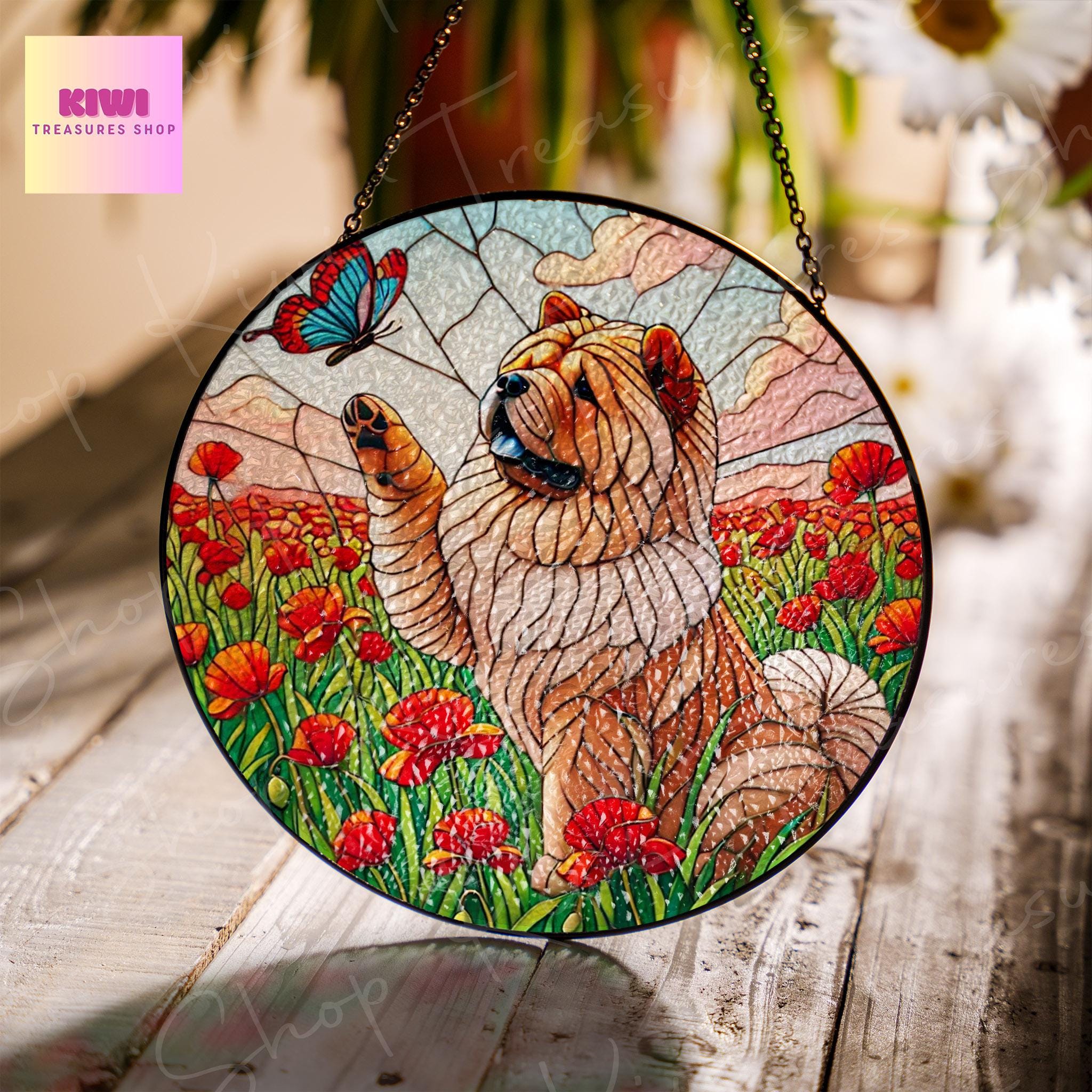 Chow Chow Among Poppy Flower GLASS Suncatcher, Chow Chow Lover Decor, Dog Lover Gift, Dog Mom Decor, Dog Mom Gift, Dog Suncatcher Decor