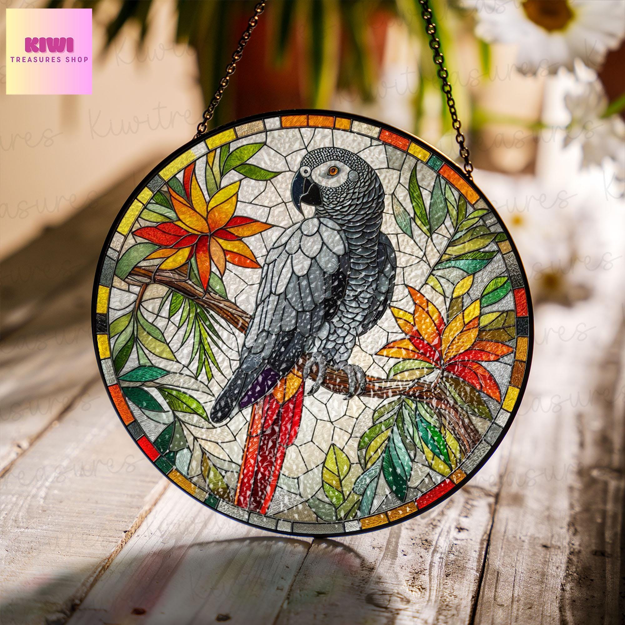 African Grey Parrot GLASS Hanging, Parrot Lover Decor, Bird Nerd, Home Decor, african parrot Suncatcher Decor, Kitchen decor