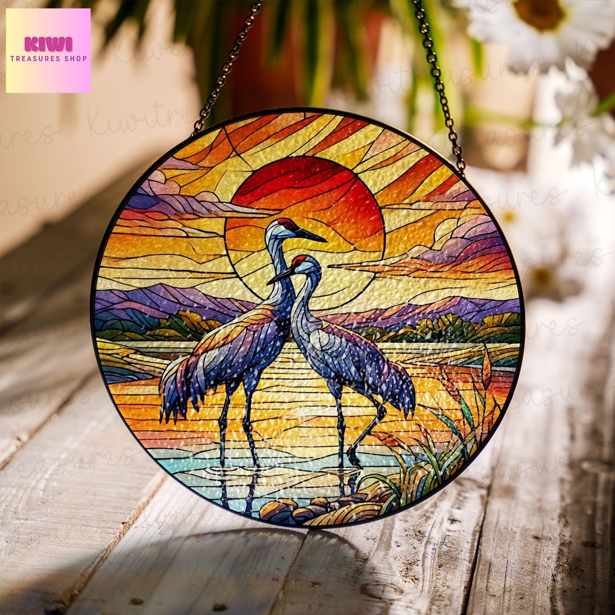 Sandhill Crane Couple On Sunset Beach GLASS Suncatcher, Crane Couple Decor, Sandhill Crane Lover Gift, Couple Home Decor, Bird Lover Gift