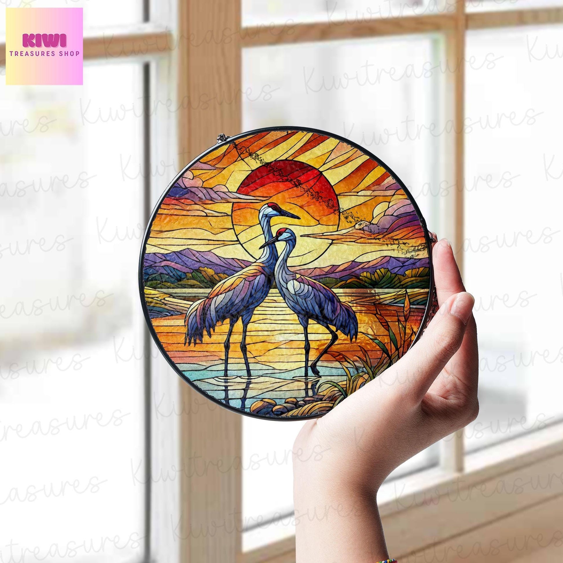 Sandhill Crane Couple On Sunset Beach GLASS Suncatcher, Crane Couple Decor, Sandhill Crane Lover Gift, Couple Home Decor, Bird Lover Gift