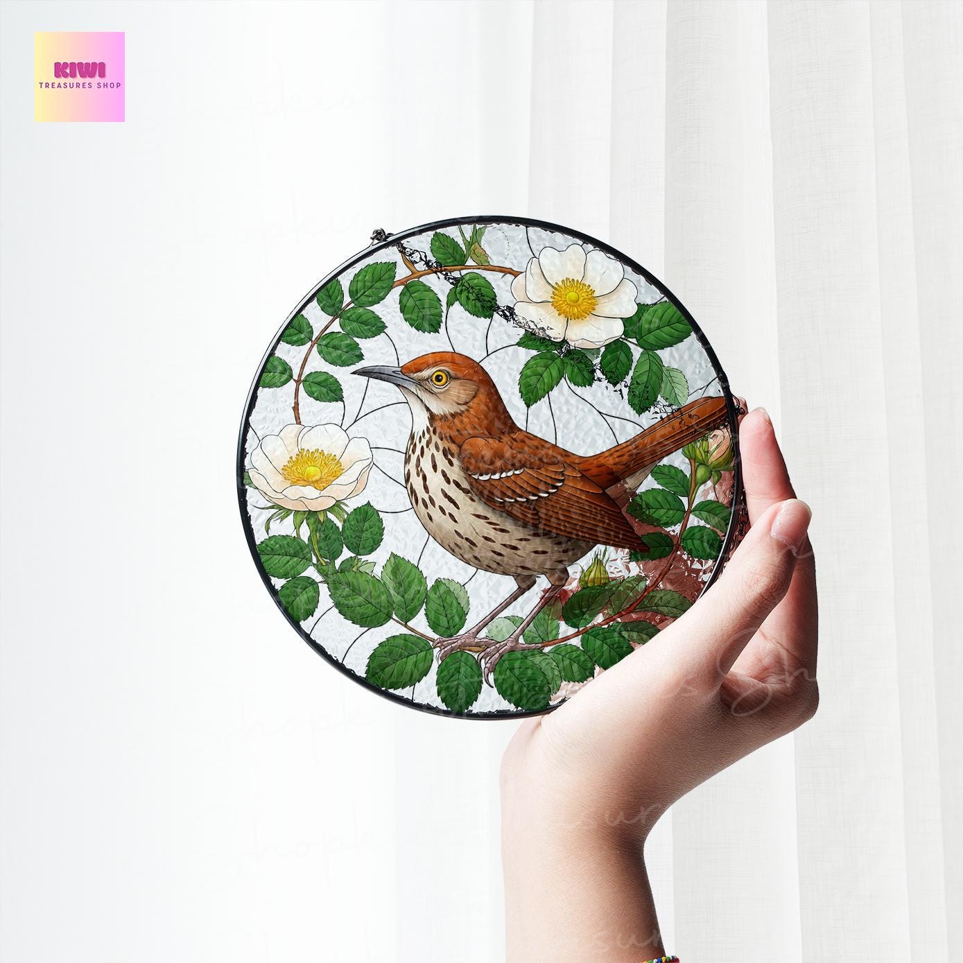 Brown Thrasher and georgia white Rosa laevigata Glass SunCatcher georgia bird Art Window Hanging State Pride Rosa laevigata Home Decor