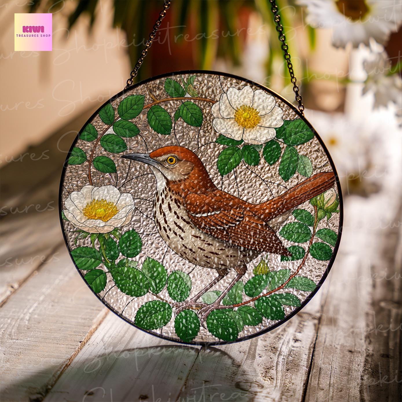 Brown Thrasher and georgia white Rosa laevigata Glass SunCatcher georgia bird Art Window Hanging State Pride Rosa laevigata Home Decor