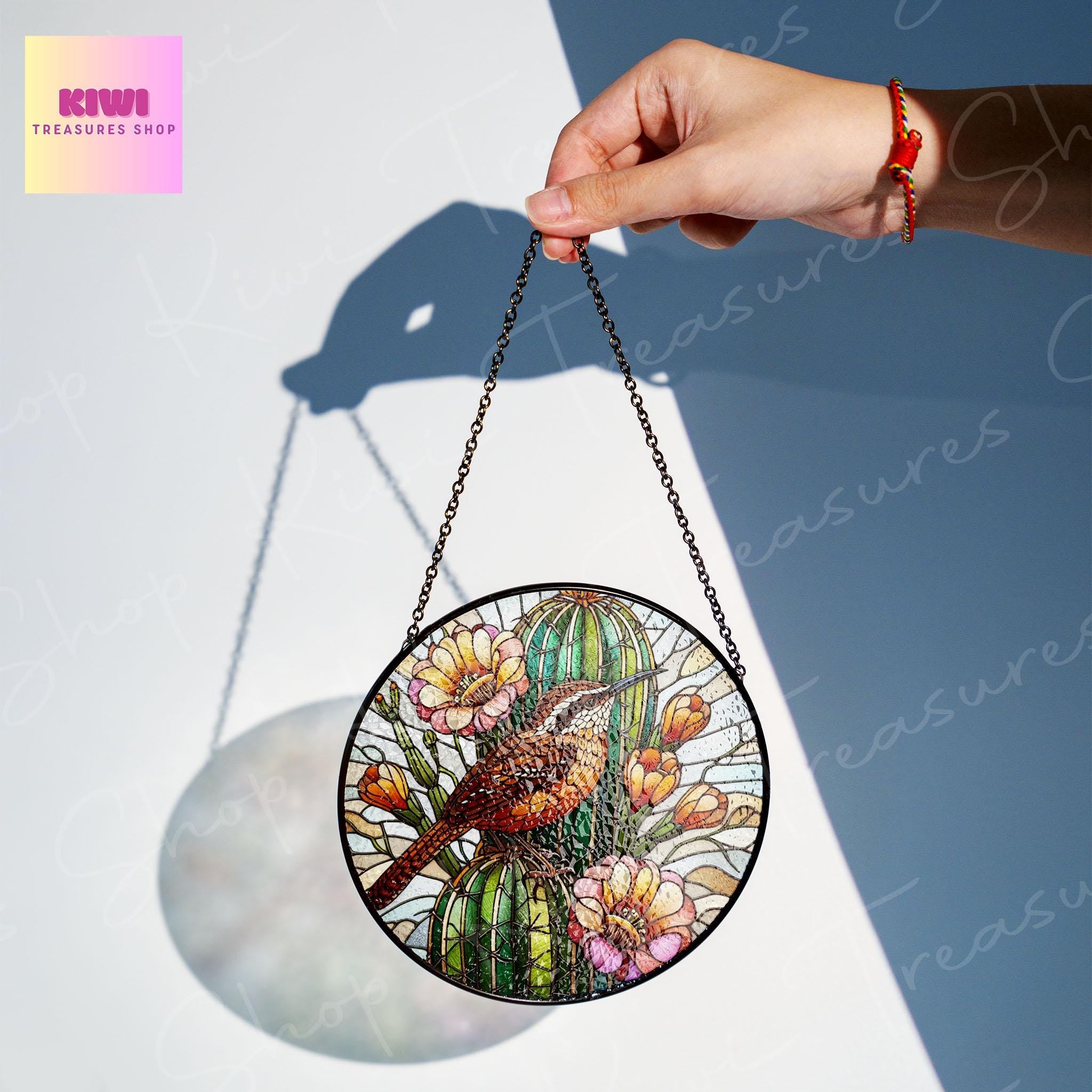 Arizona State Wren bird n Saguaro Cactus Glass SunCatcher Arizona bird Art Window Hanging State Pride Wren bird Kitchen Decor