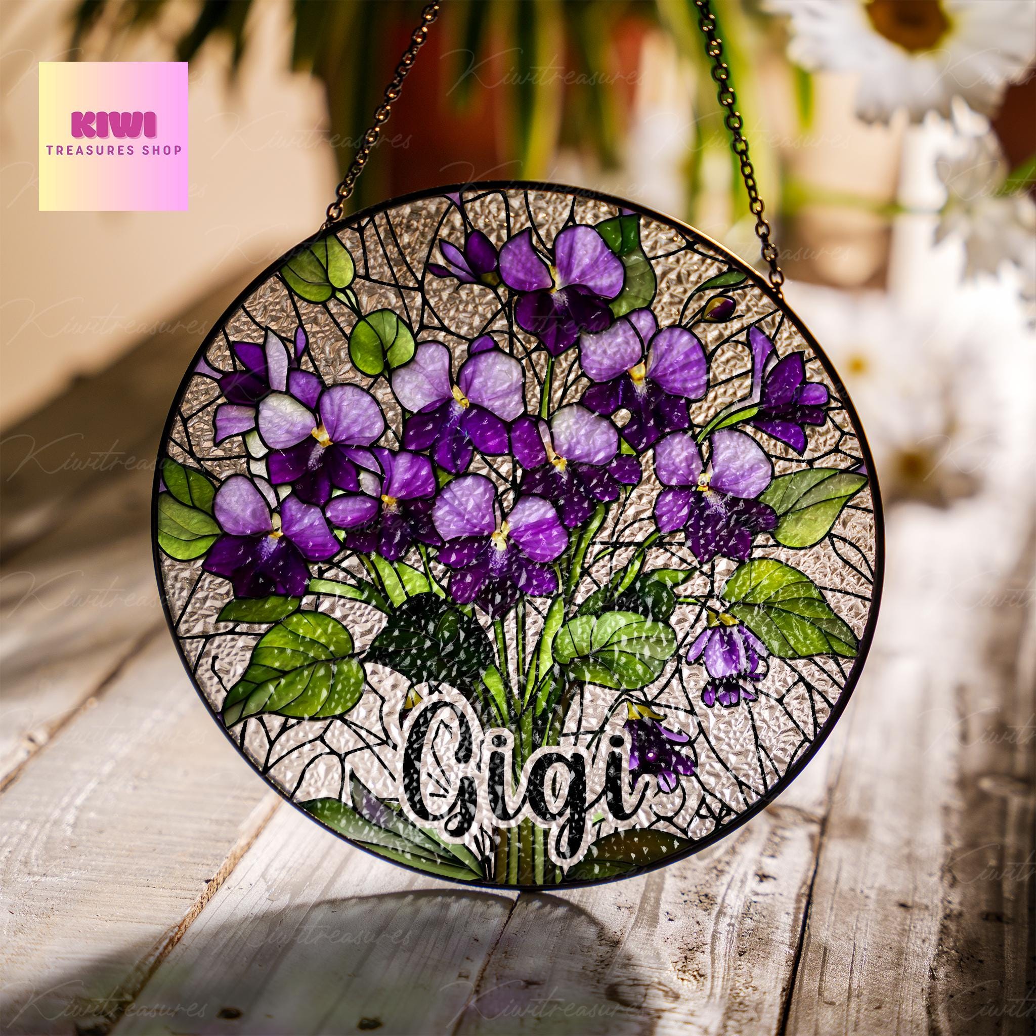 Violet Bouquet custom Gigi GLASS Suncatcher Hanging, Grandma Birth Month glass, Violet field lover gift, Purple violet Flower suncatcher