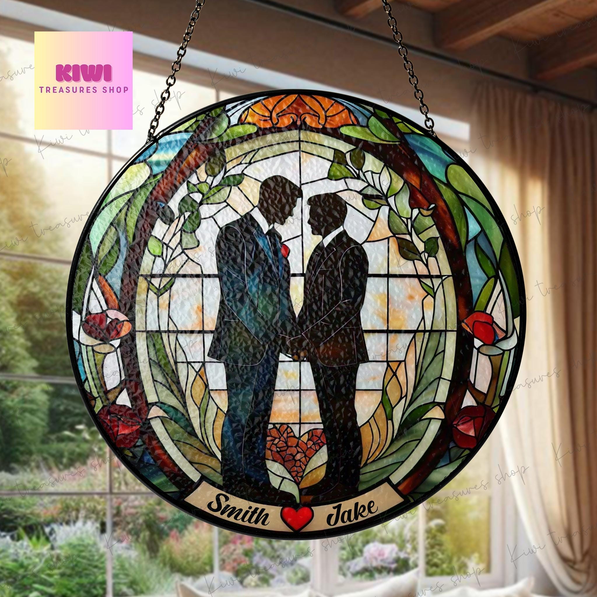 Custom Gay wedding GLASS Suncatcher Hanging, Anniversary couple suncatcher window decor, Valentine Home Wall gift suncatcher, LGBT couple