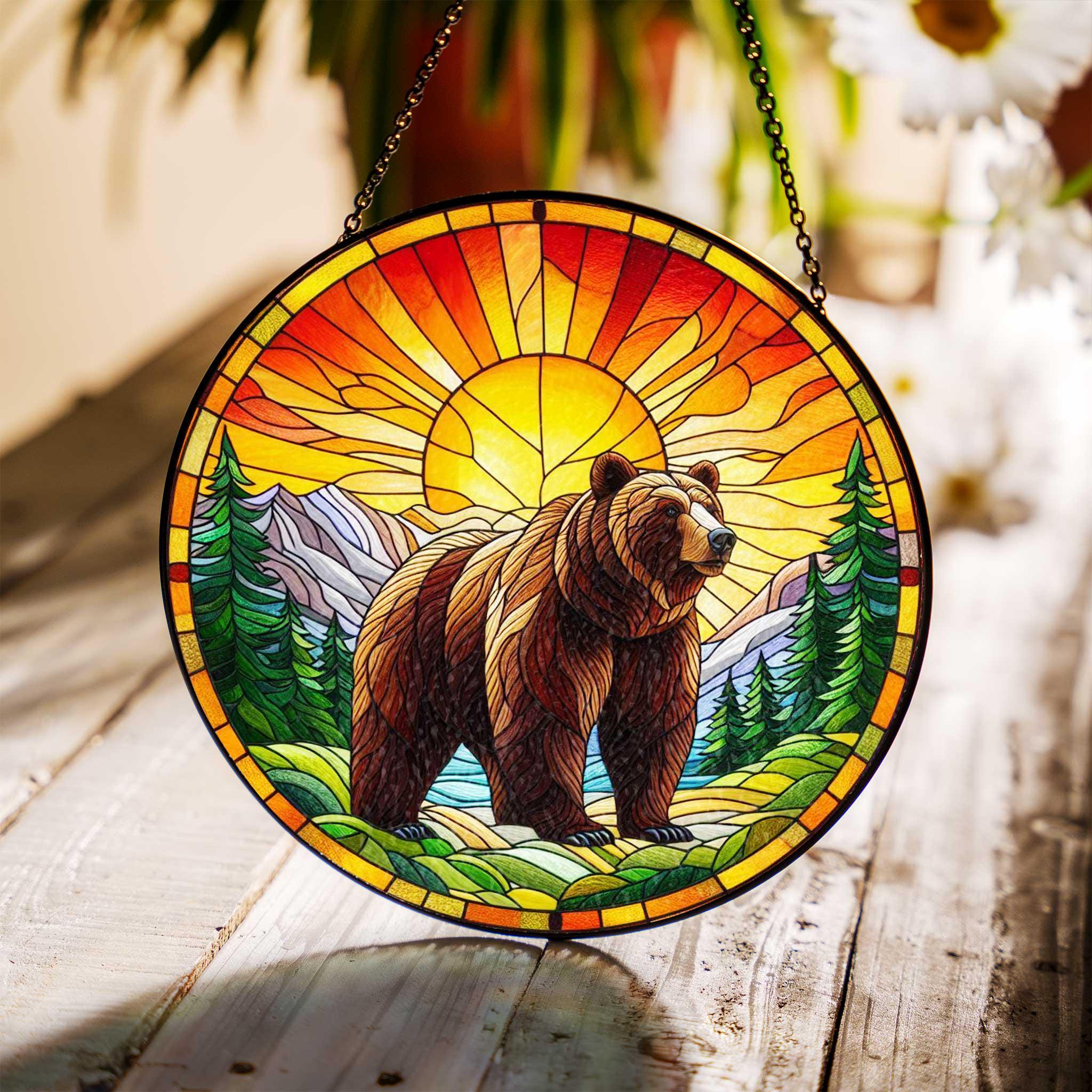 grizzly Bear sunset GLASS Suncatcher Hanging, grizzly lovers gift, bear Window hanging, Suncatcher ornament, mountain sunset landscape
