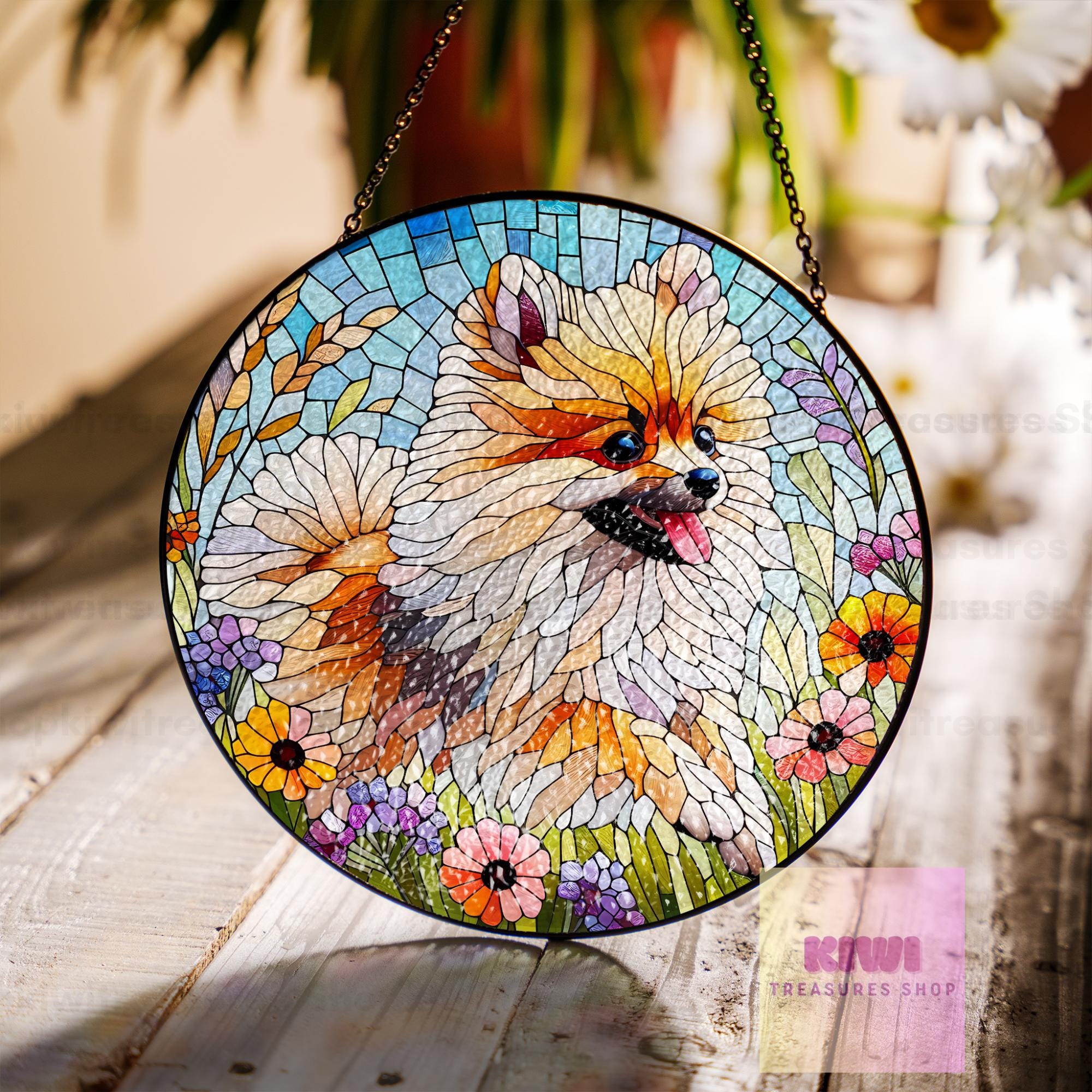 Pomeranian wildflowers GLASS Suncatcher Hanging, Pomeranian wildflower, Pomeranian suncatcher hanging, Dog window hanging