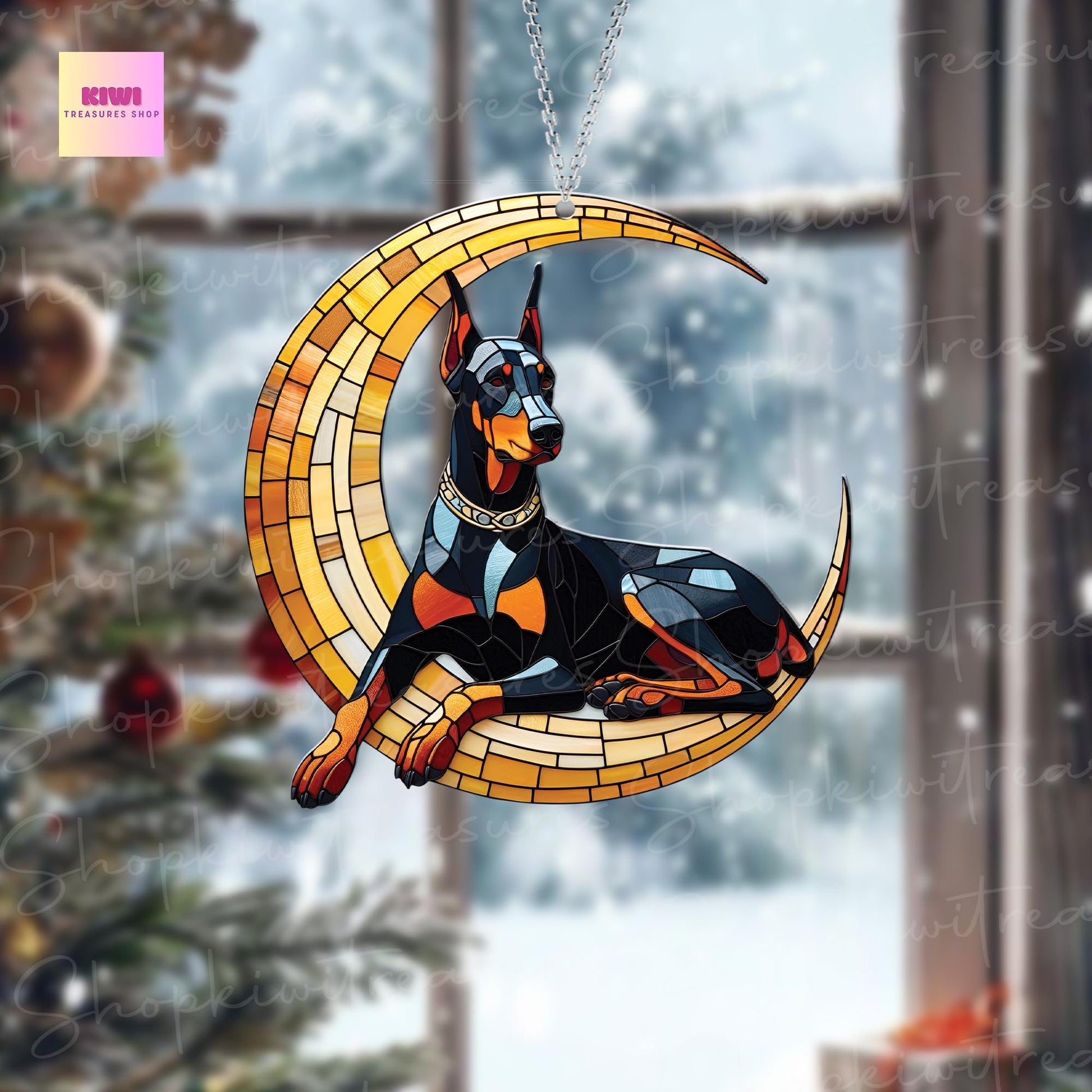 ACRYLIC Doberman on Cresent Moon Window Hanging, dog Lover Gift, Dog mom gift,Home Decor, Remembrance gift,Loss Of Pet Gift
